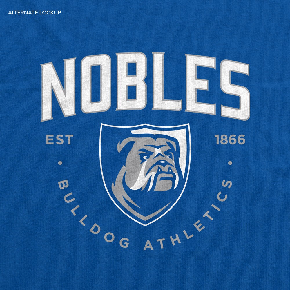 Nobles Athletics secondary bulldog head crest logo paired with custom wordmark.