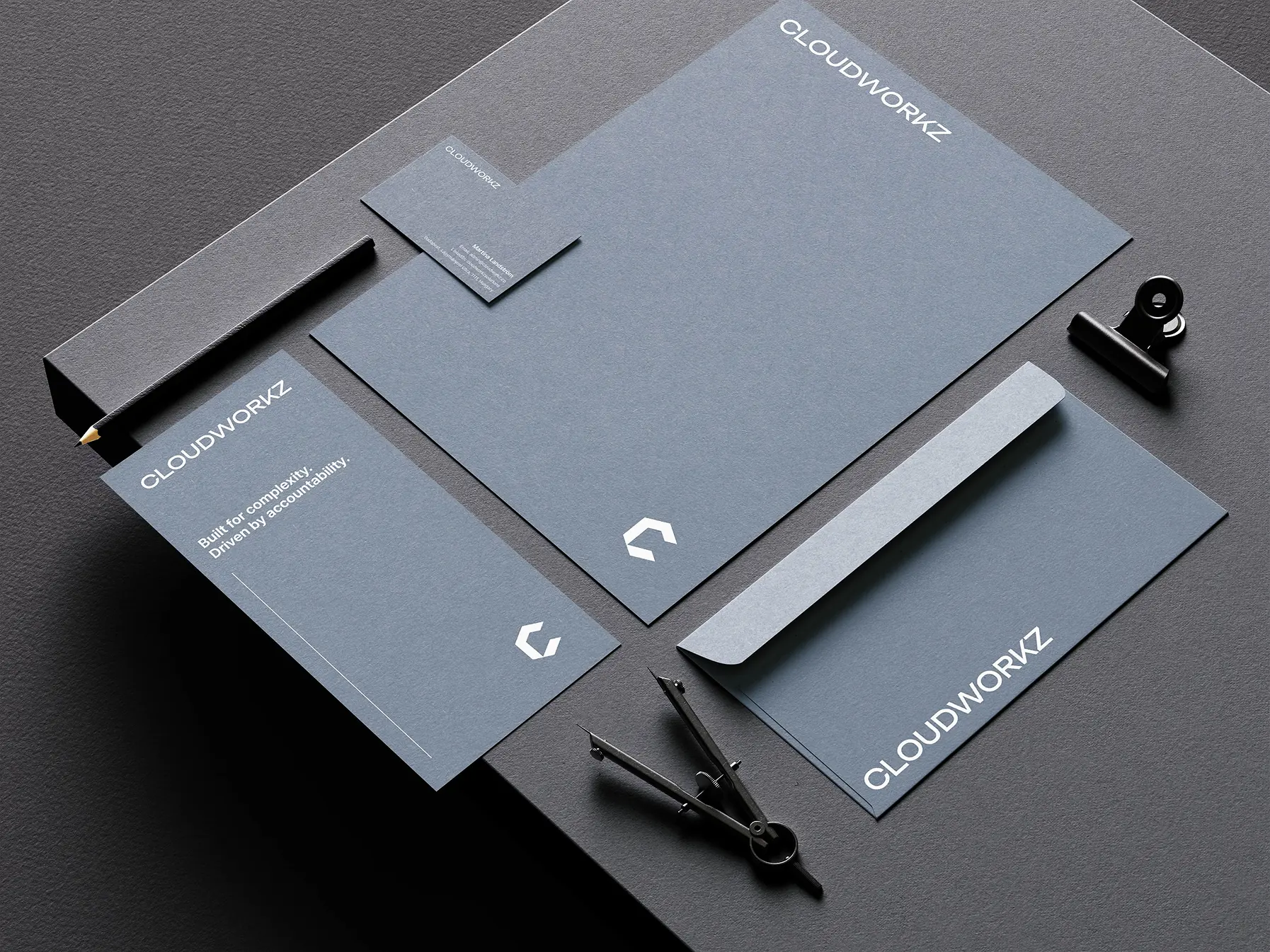Stationery system designed for Cloudworkz including folder, cards, and notepad