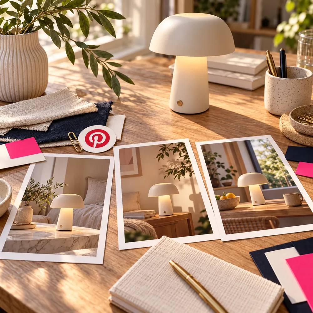 Mise en scène d’une lampe et de matières accompagnée d’inspirations Pinterest.