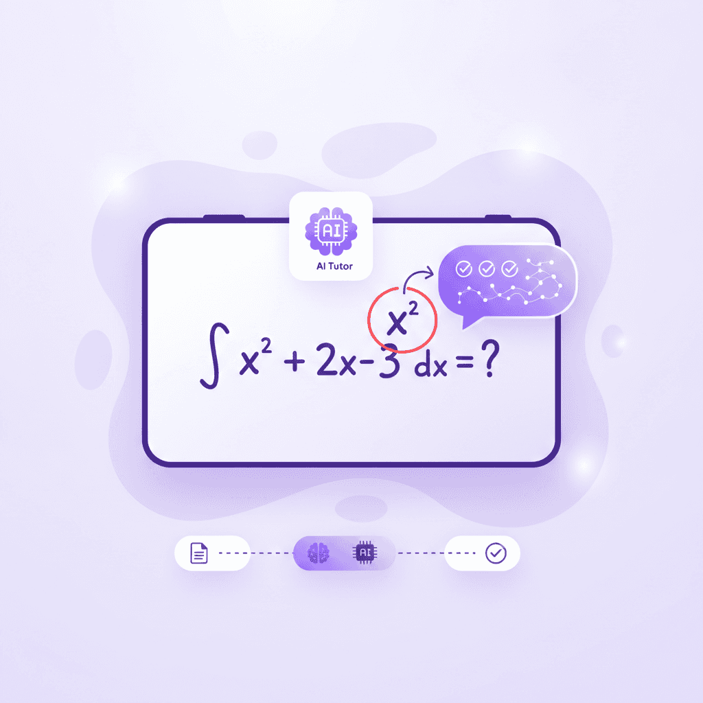 A mockup of a digital study canvas where a student has hand-drawn a math equation, with an AI tutor interface highlighting a specific variable in red with a corrective voice text bubble.