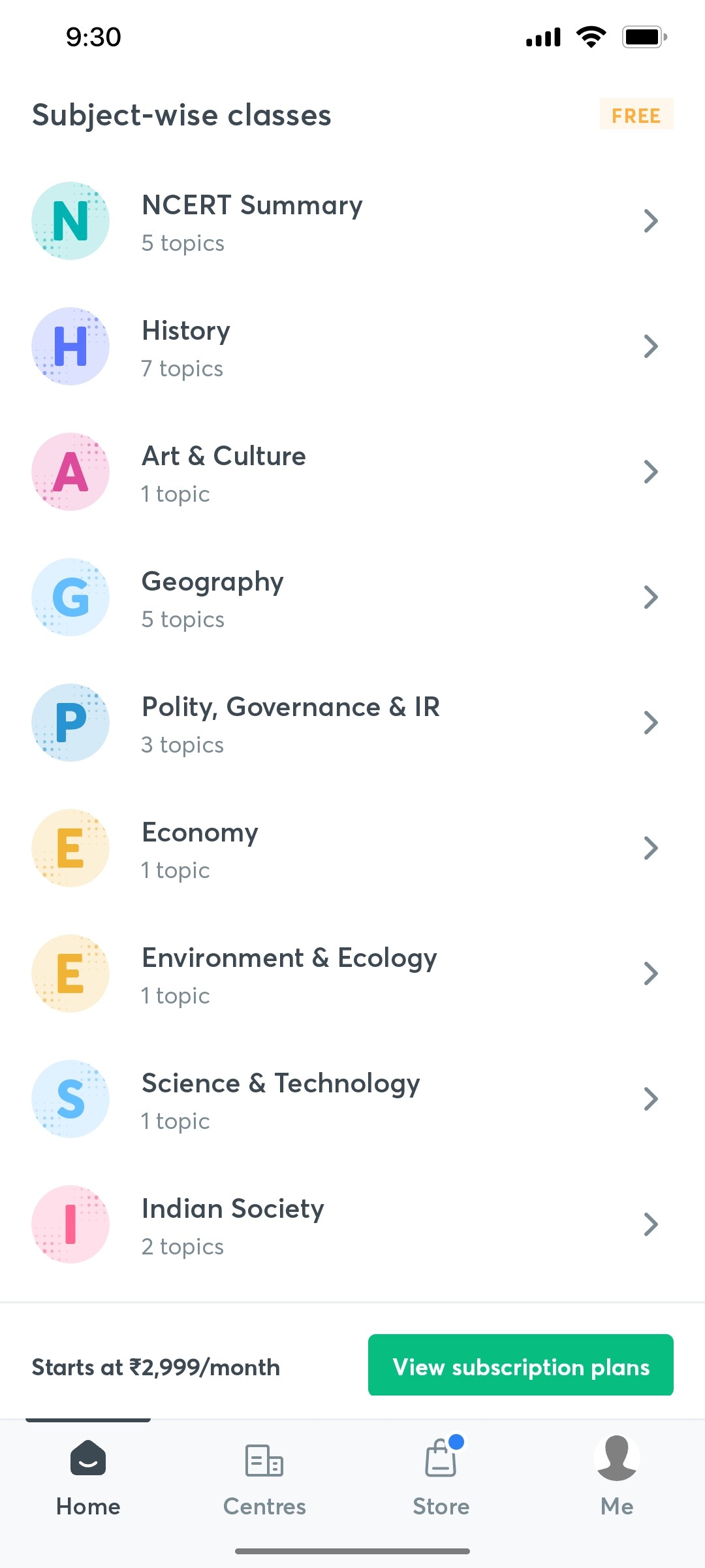 Unacademy Subject Wise Classes Screen