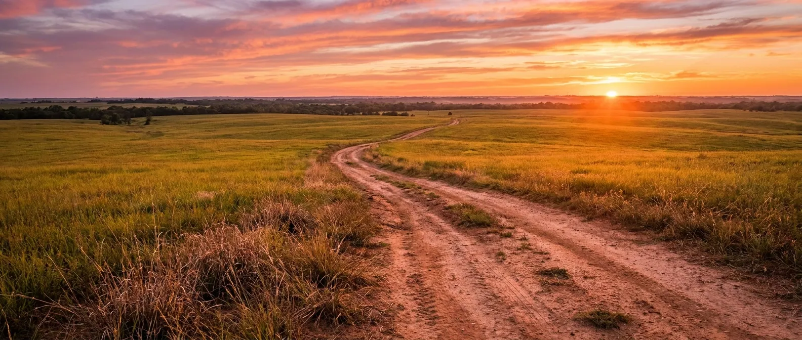 Sunset over a vast grassy field with winding dirt path. RockN' Socials agency.