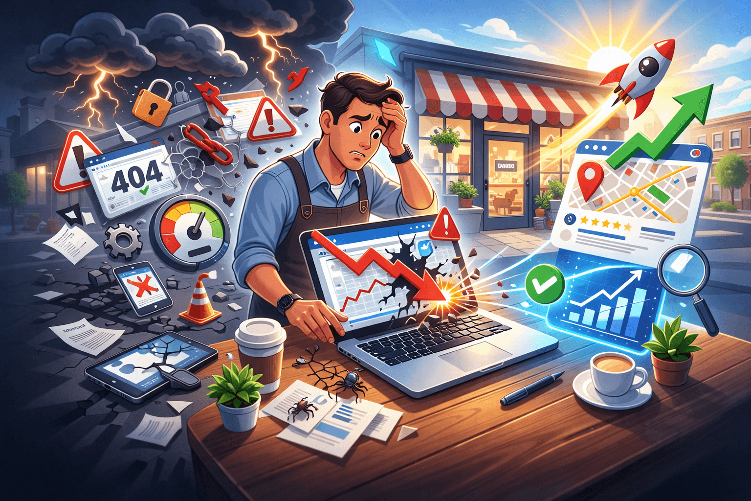 Vibrant 2D cartoon illustration of a stressed small business owner inside a local storefront dealing with website issues like 404 errors, slow loading, broken links, and poor SEO affecting Google rankings and online visibility.