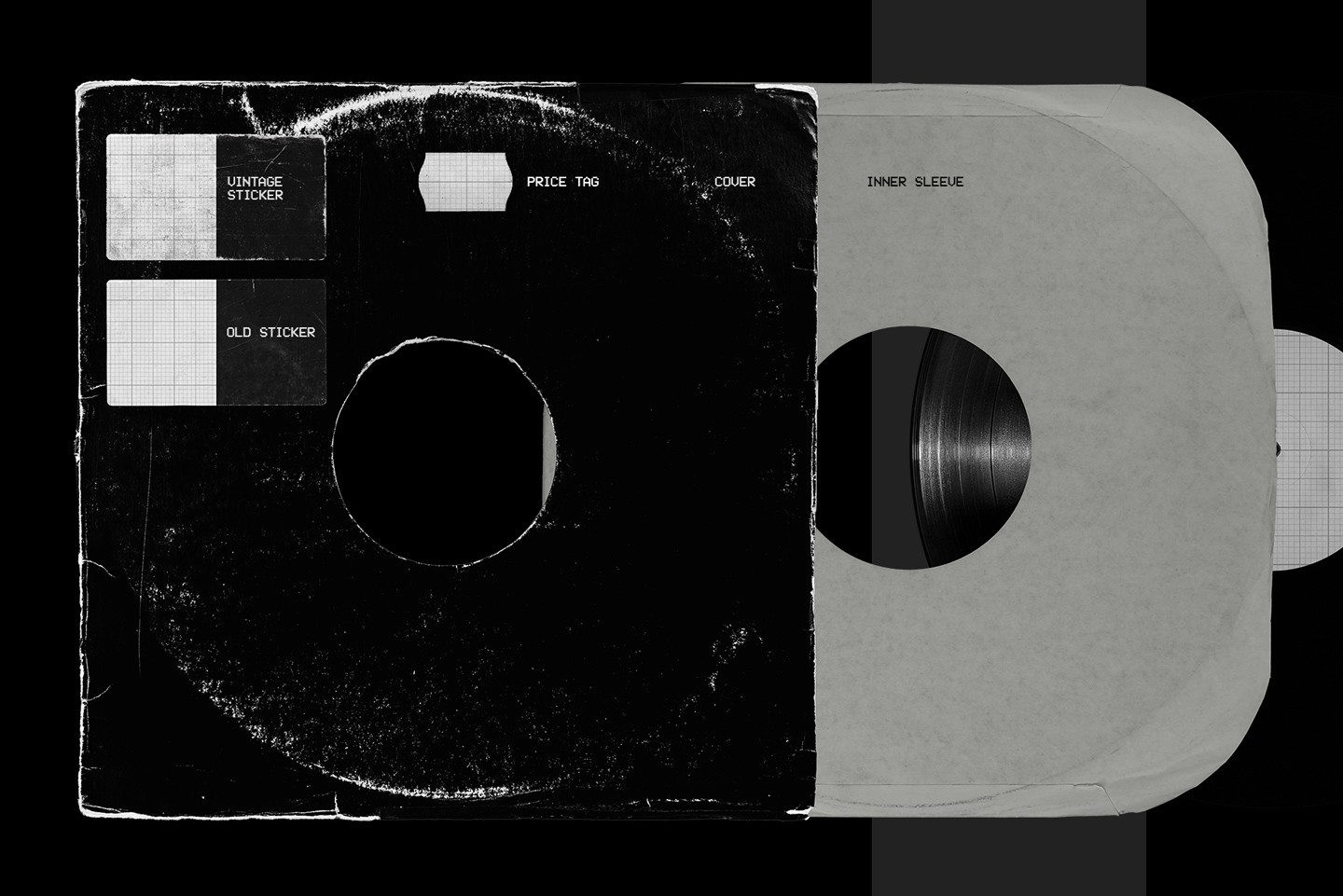 Vinyl record mockup with editable stickers including vintage label and price tag