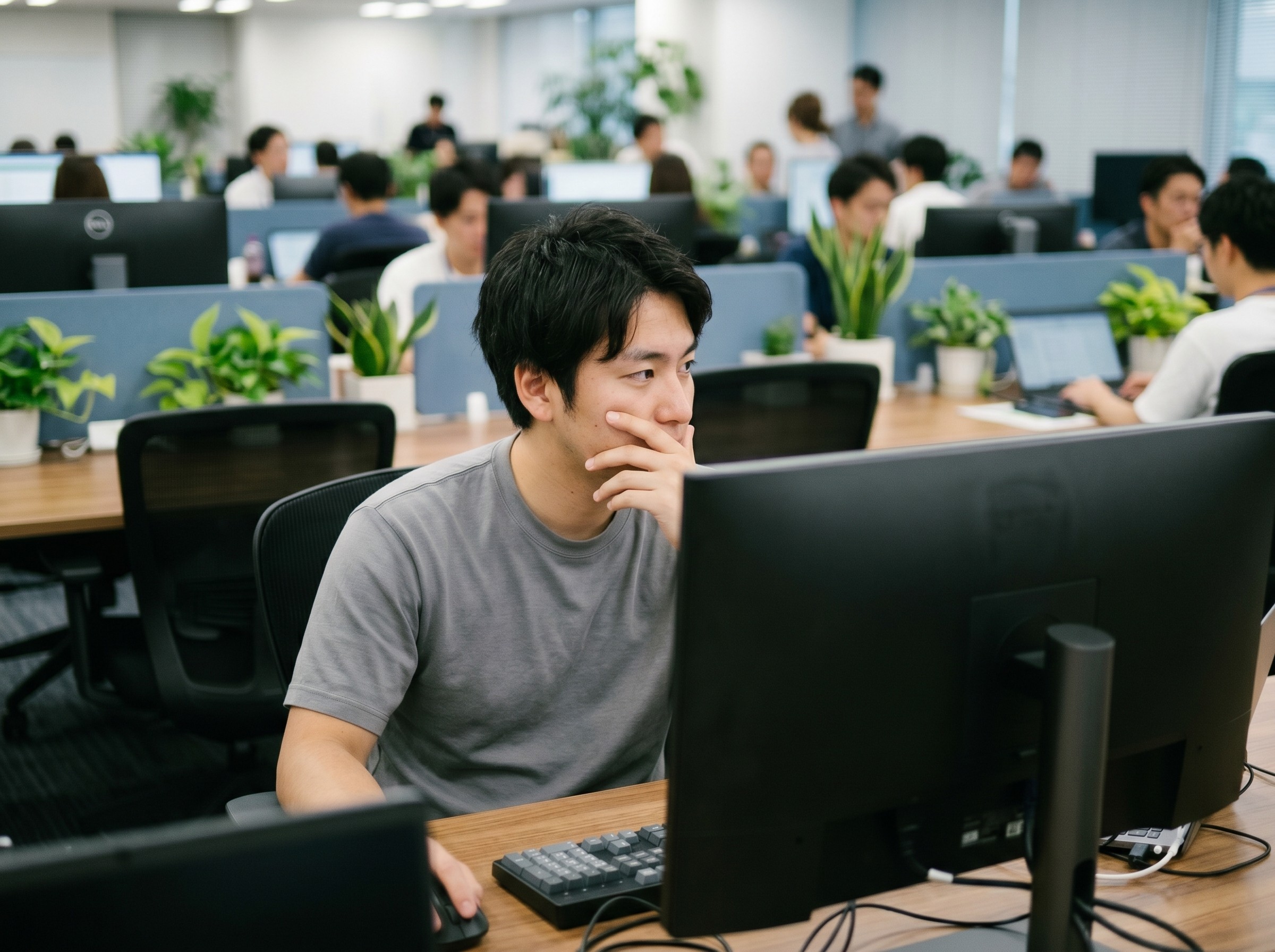 Man yawning while working at computer in office