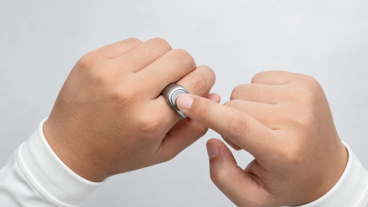 Finger pressing a smart tasbih ring to show manual dhikr counting