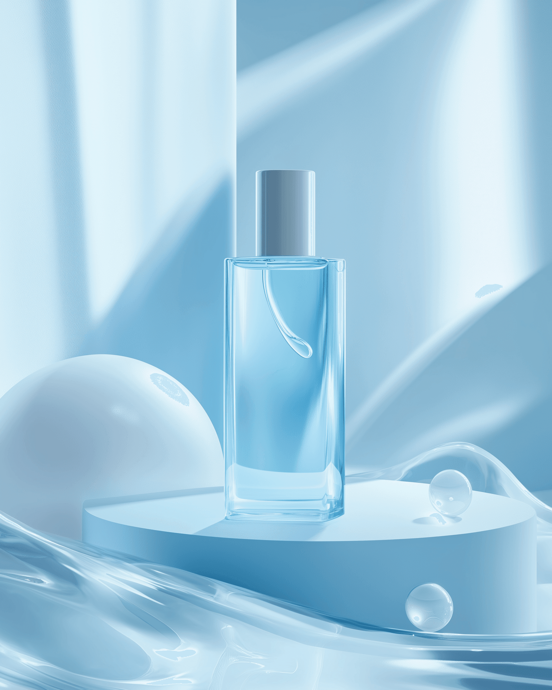 Two identicle bottles forming wave forms ontop of a colored water surface