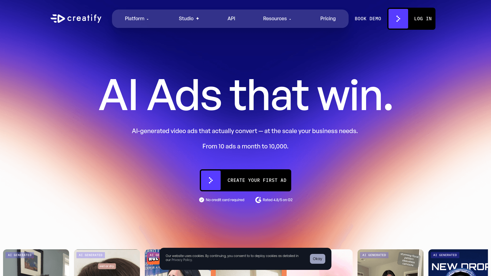 The homepage of Creatify.ai featuring a hero section for creating AI-generated video ads with a gradient background.