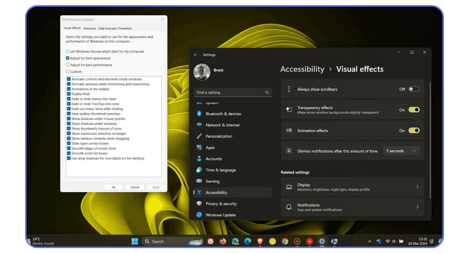 Windows “Performance Options” and “Accessibility > Visual effects” panels showing animation and transparency effect options.