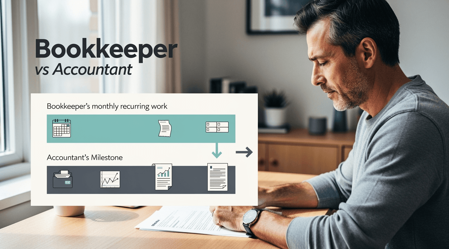A two-lane visual with "Bookkeeper" on one side and "Accountant" on the other, showing the workflow handoff between them