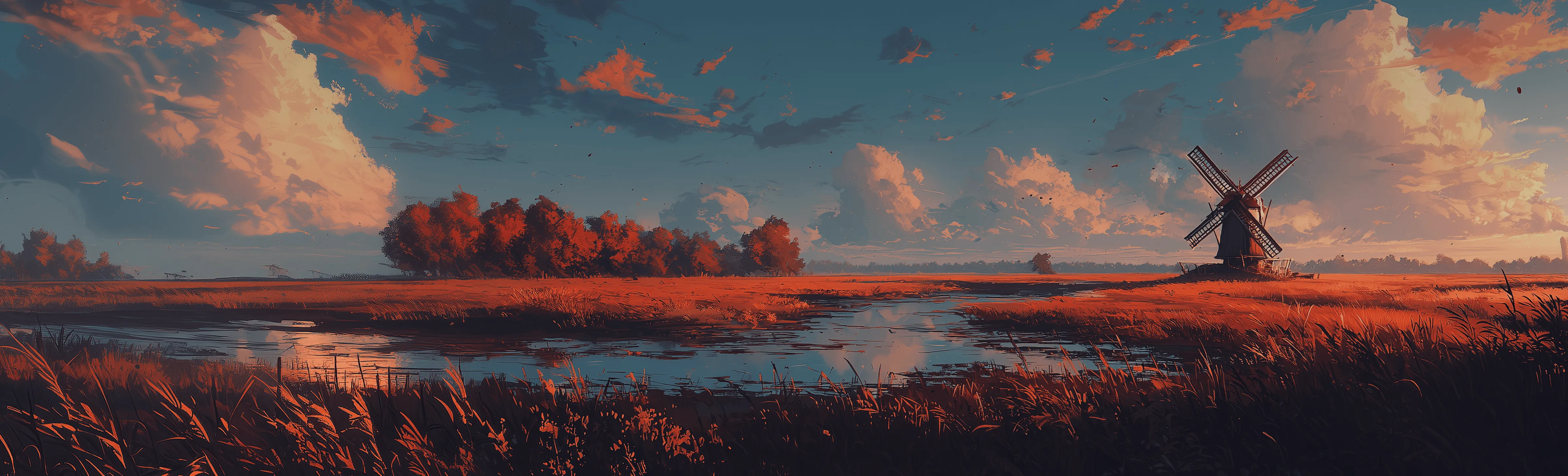 Digital painting of a windmill beside a reflective stream in a warm orange field under a dramatic sunset sky