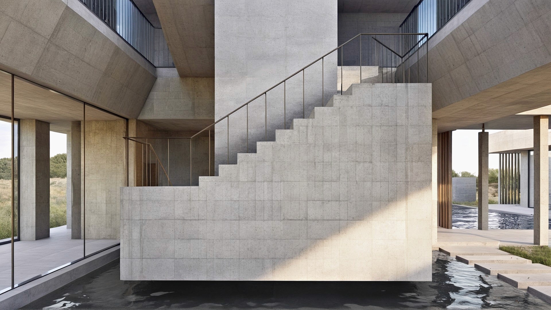 室內混凝土樓梯以多層次交錯方式排列，強調水平與垂直動線的視覺張力，漂浮在水池上面。