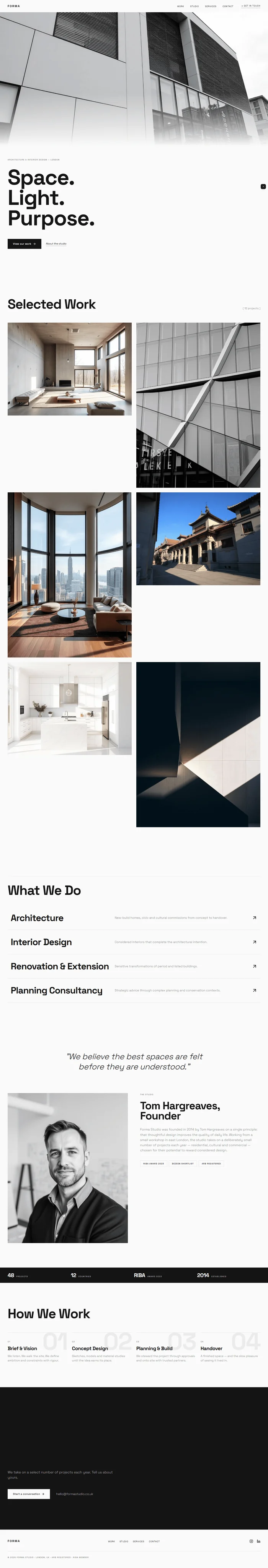 Architect website prompt full preview — near-white #fafafa background with jet black #141414 type and no color accent, full-bleed architectural project photograph filling seventy percent of viewport height with white gradient fade at bottom, Space Grotesk 700 large headline below hero in page flow, two-column masonry project grid with black hover overlays showing project name and category, and four full-width service rows that invert to black background with white text on hover