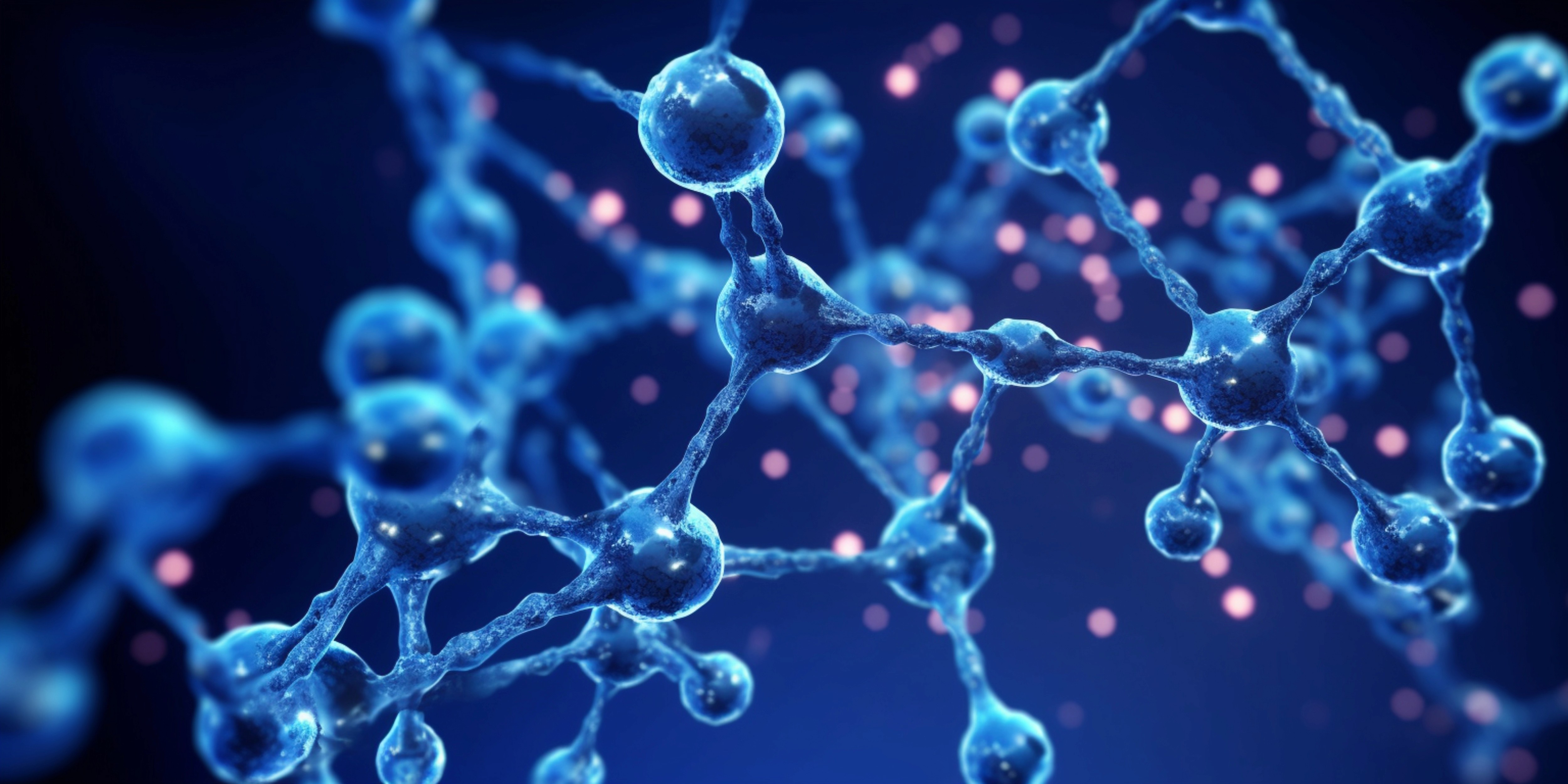 Abstract blue molecular structure with glowing nodes and connections.