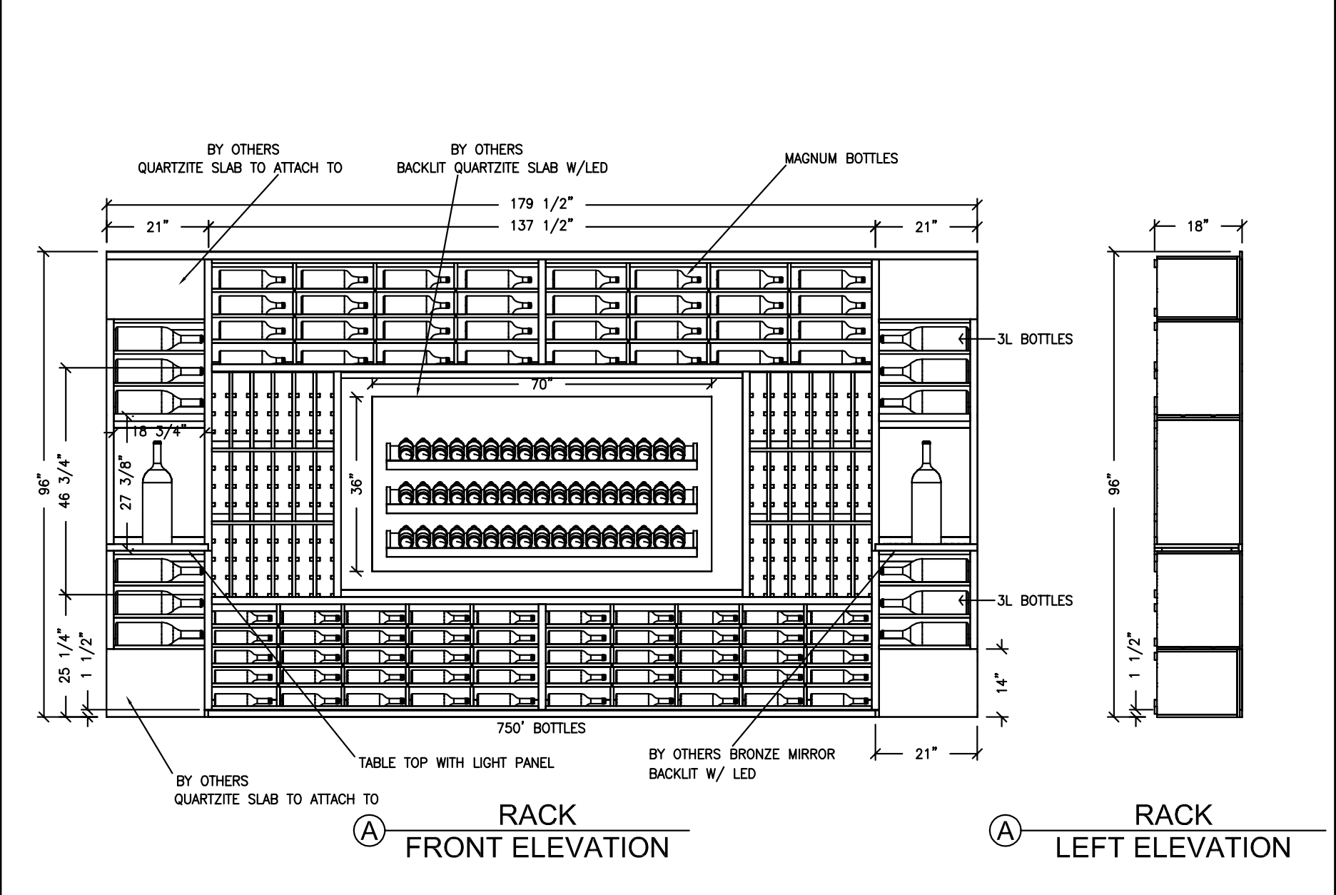 Custom wine cellar design rendering featuring metal cable racks and cabinets with stone countertop