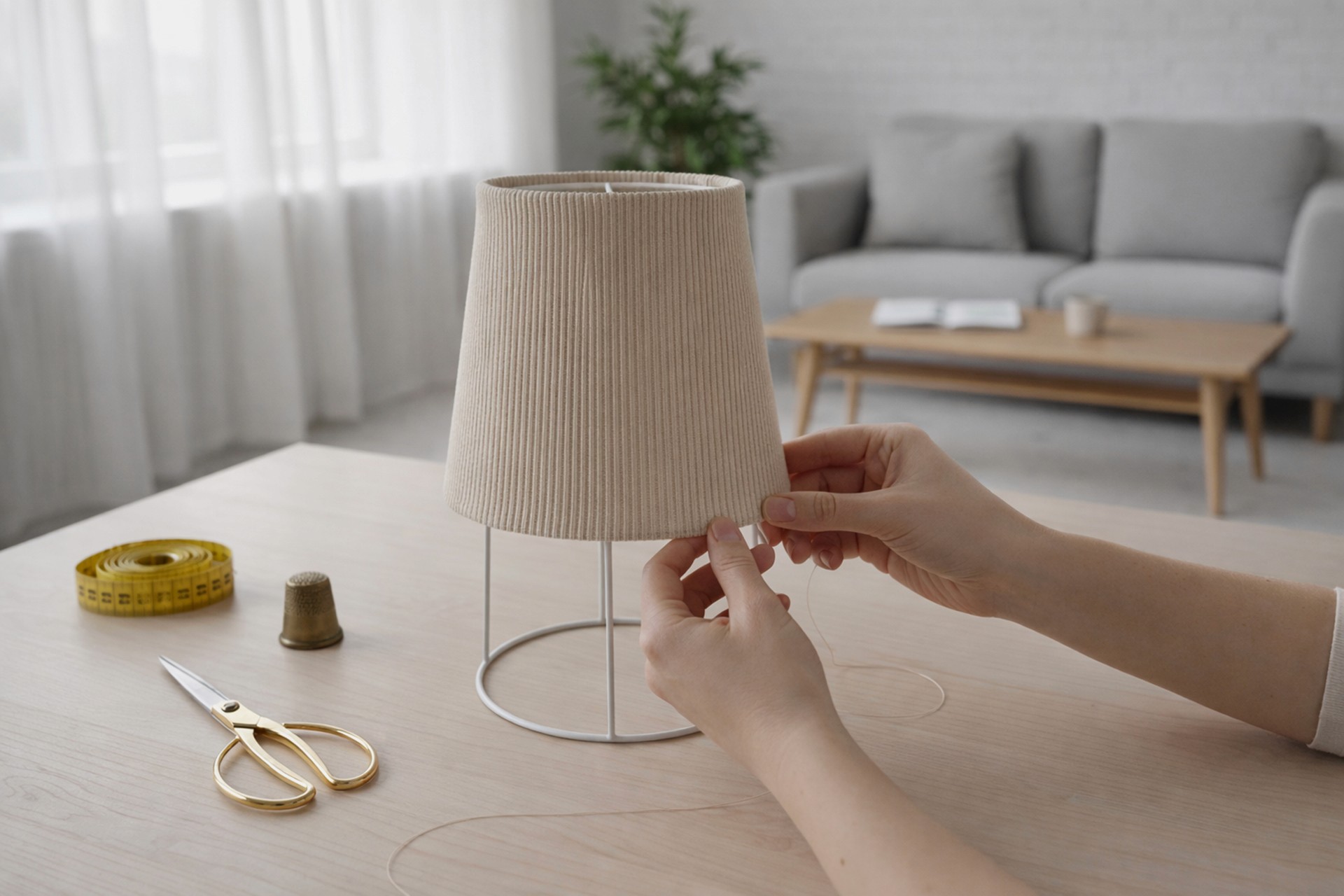 Hands carefully pulling and sewing a ribbed fabric cover over a tapered wire lampshade frame.