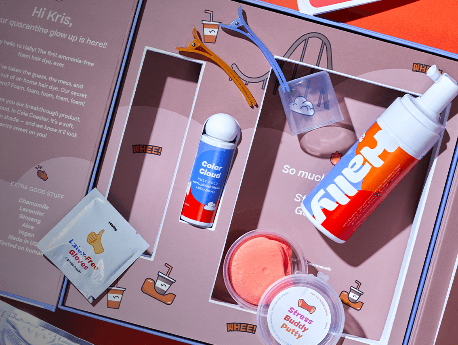 An overhead shot of Hally's Color Cloud kit, foam dye and stress putty spread across pink packaging, from the brand's founding build.