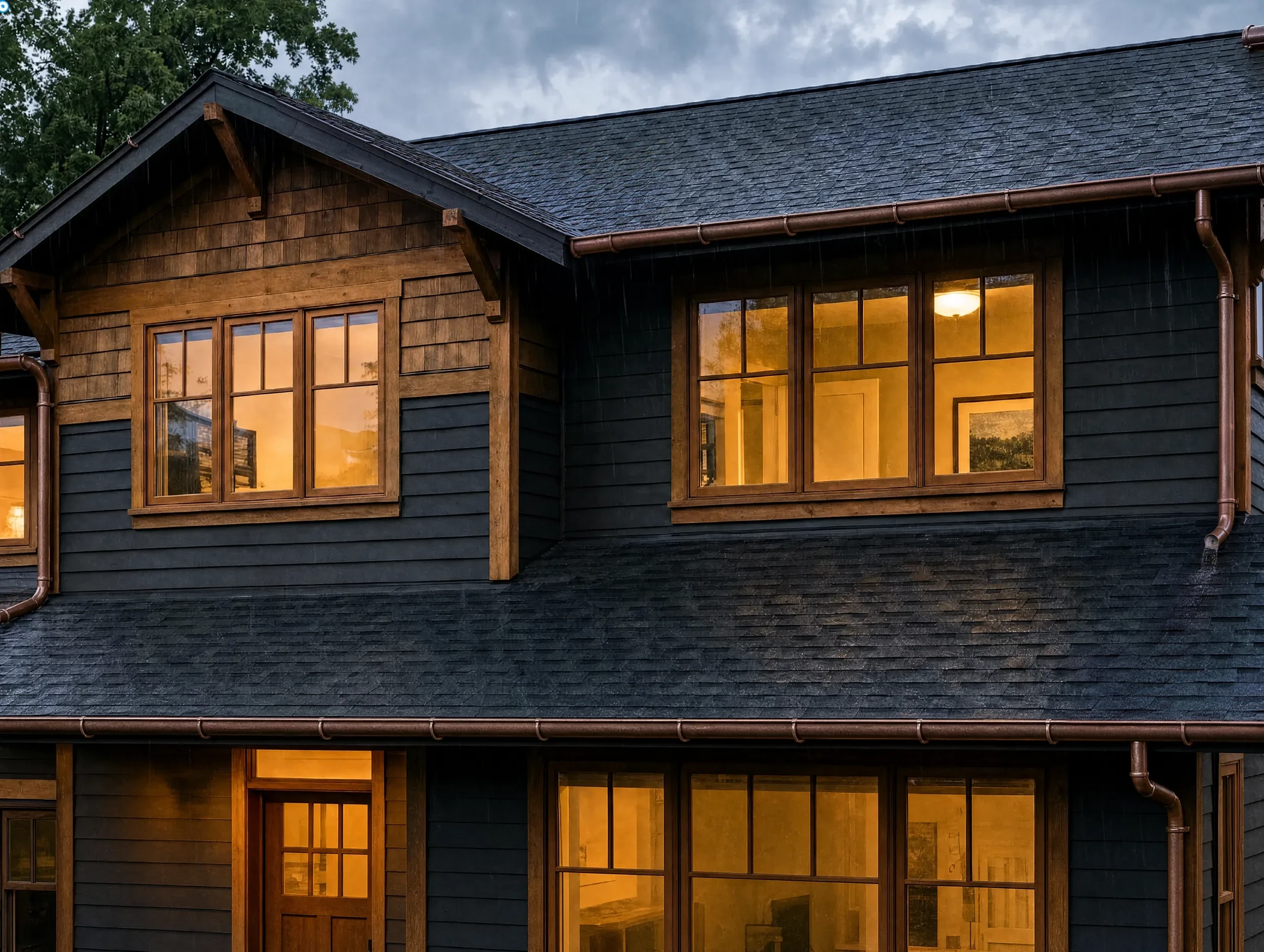 Craftsman home at dusk with copper half-round gutters and downspouts