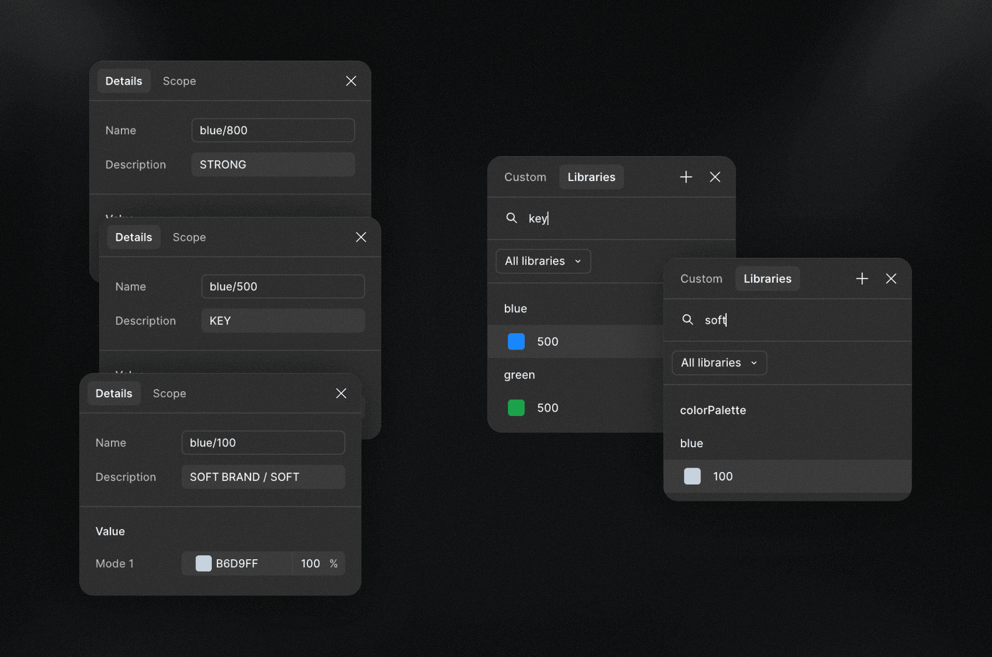 Figma variable panels showing color palette tokens labeled with metadata such as KEY, SOFT, and STRONG.
