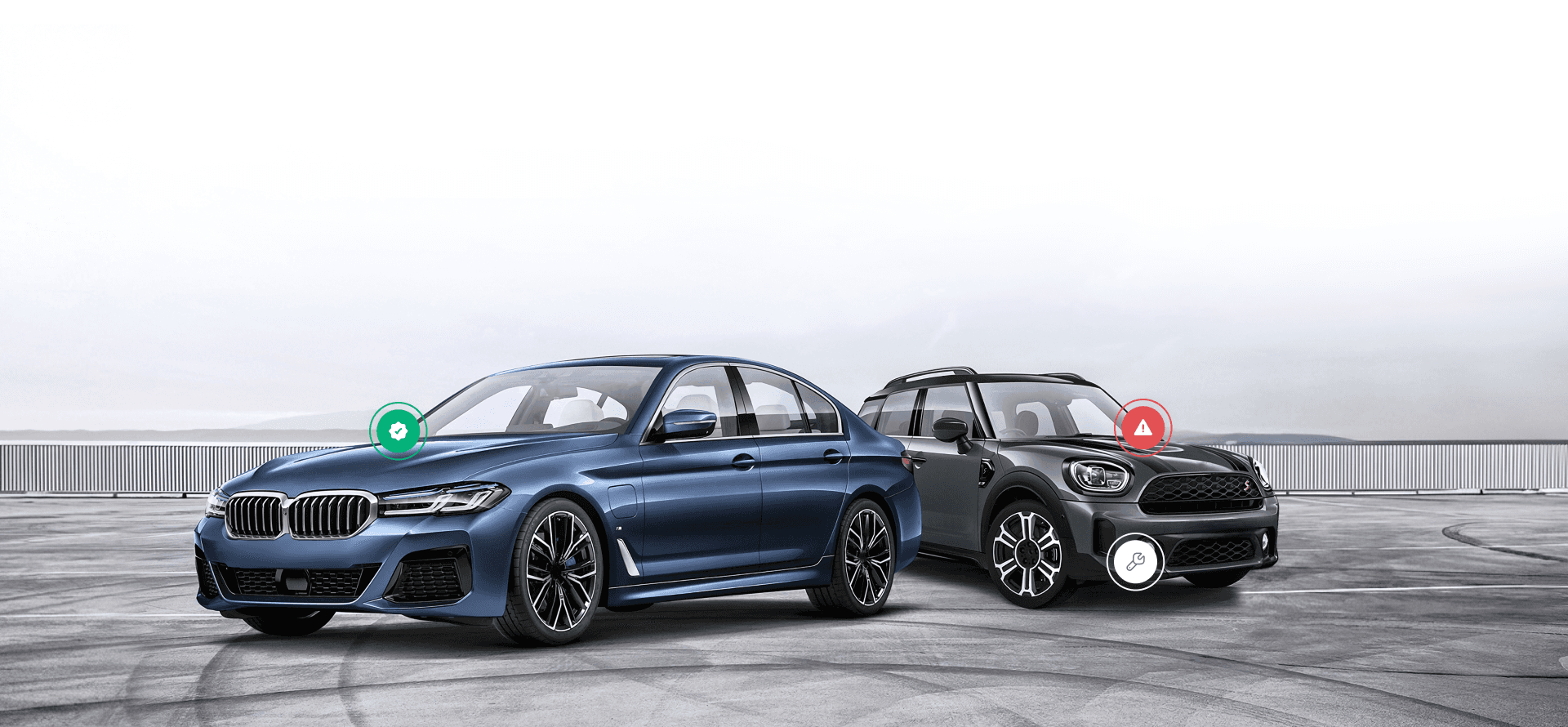 BMW 5 Series and MINI Cooper displaying digital vehicle history report overlays, including clear mileage and hidden damage detection alerts.