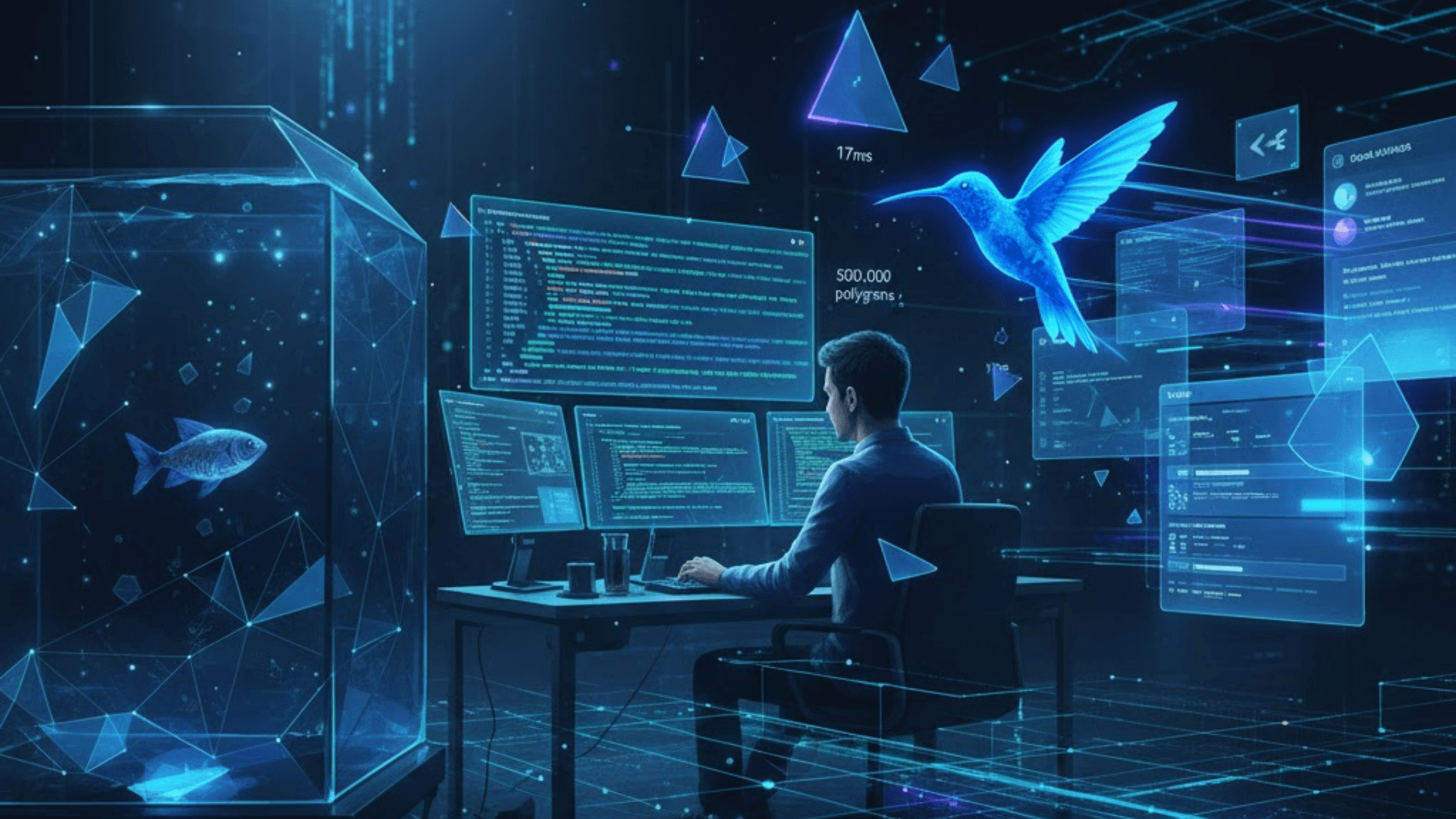 A cinematic, high-contrast 1920x1080 tech illustration visualizing the evolution of a software developer. On the left, a single fish in a glowing geometric tank represents corporate constraints. In the center, a developer sits at a multi-monitor workstation coding in a dark-mode environment, surrounded by floating triangles symbolizing 500,000 polygons being processed in 17ms. A vibrant blue hummingbird in mid-flight on the right leads into a sleek, hardware-accelerated UI with glowing interface panels and motion trails, representing high-performance SaaS architecture and digital mastery.