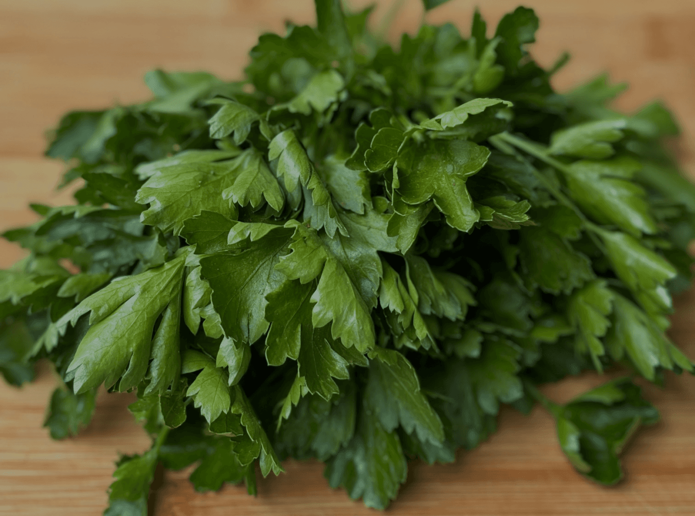 Bundle of fresh parsley laid out on a wooden surface.