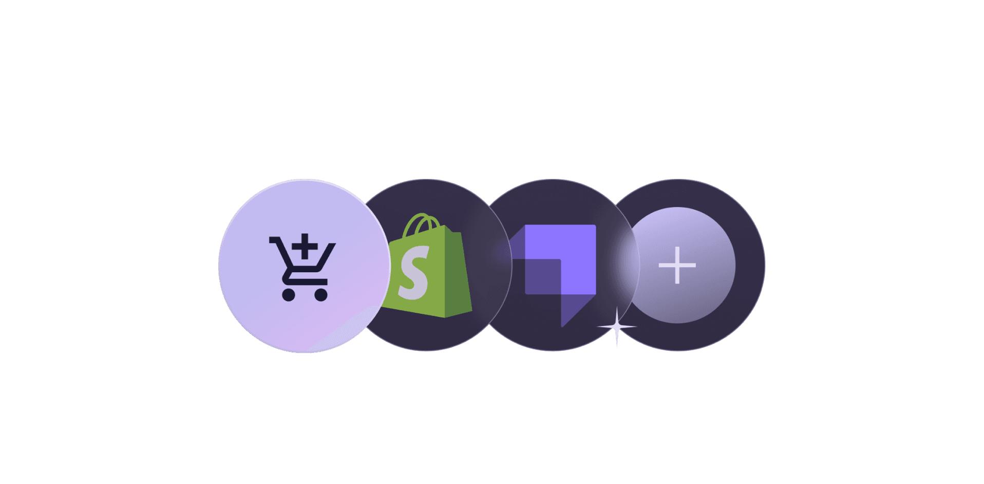 Vier Symbole auf dunklem Hintergrund: ein Einkaufswagen, das Shopify-Logo, eine Chat-Blase und ein Pluszeichen.