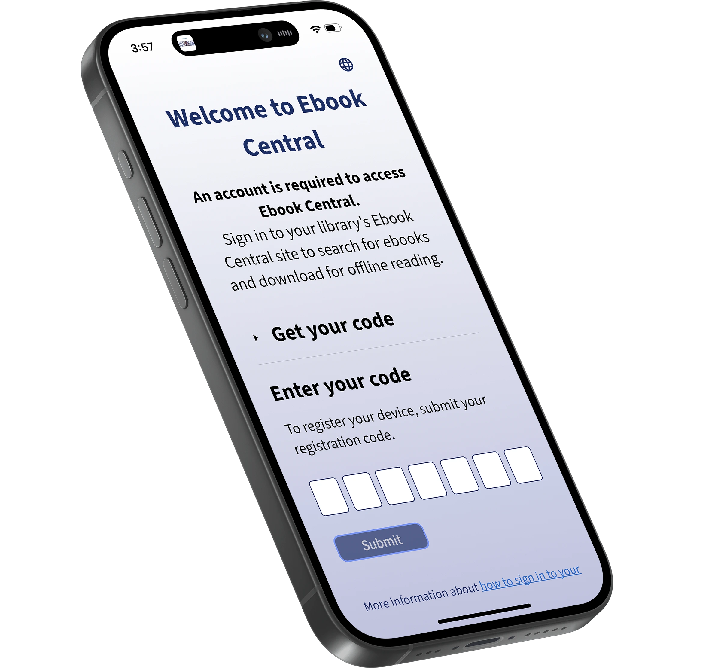 ebook central registration screen on mobile device