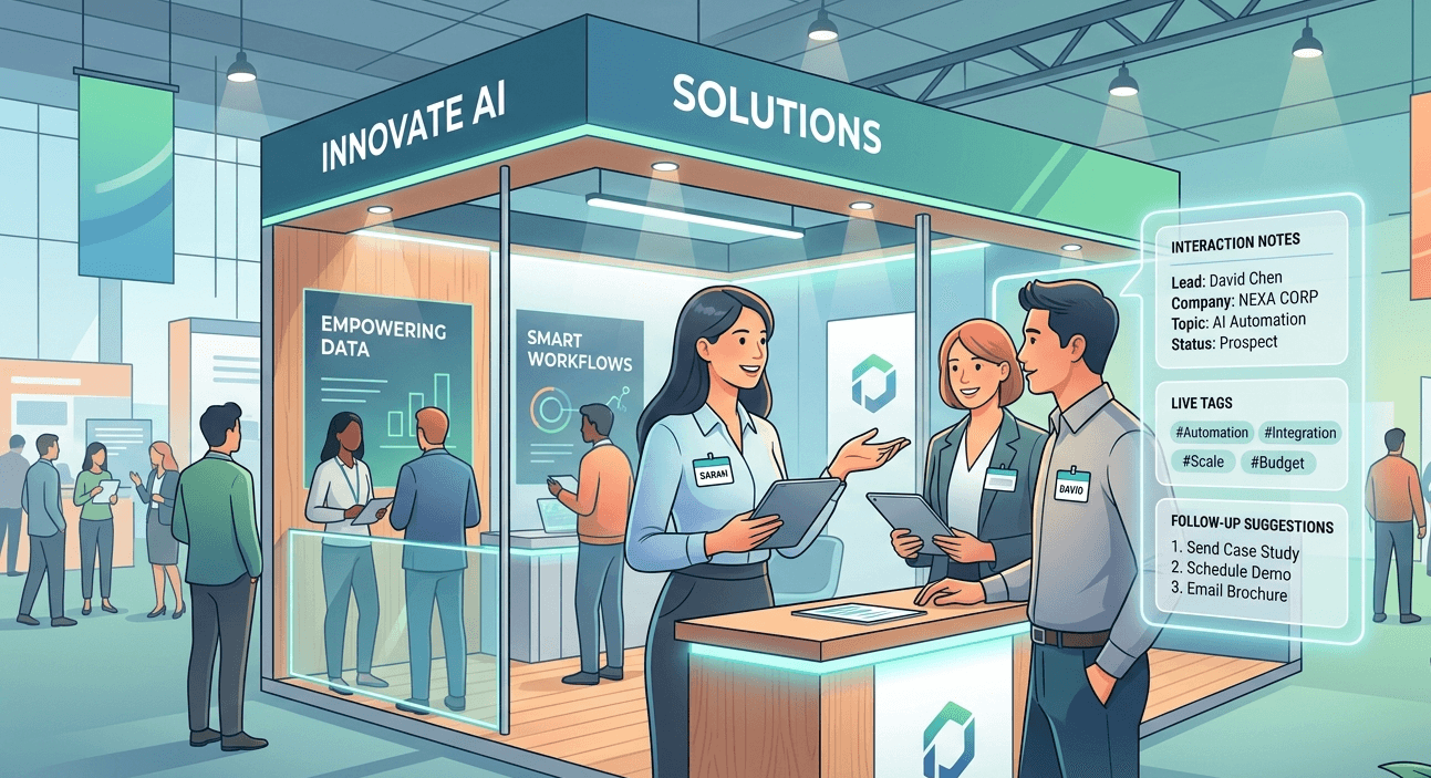 AI assistant helping a salesperson capture context and follow-up actions during a networking conversation at a trade show.