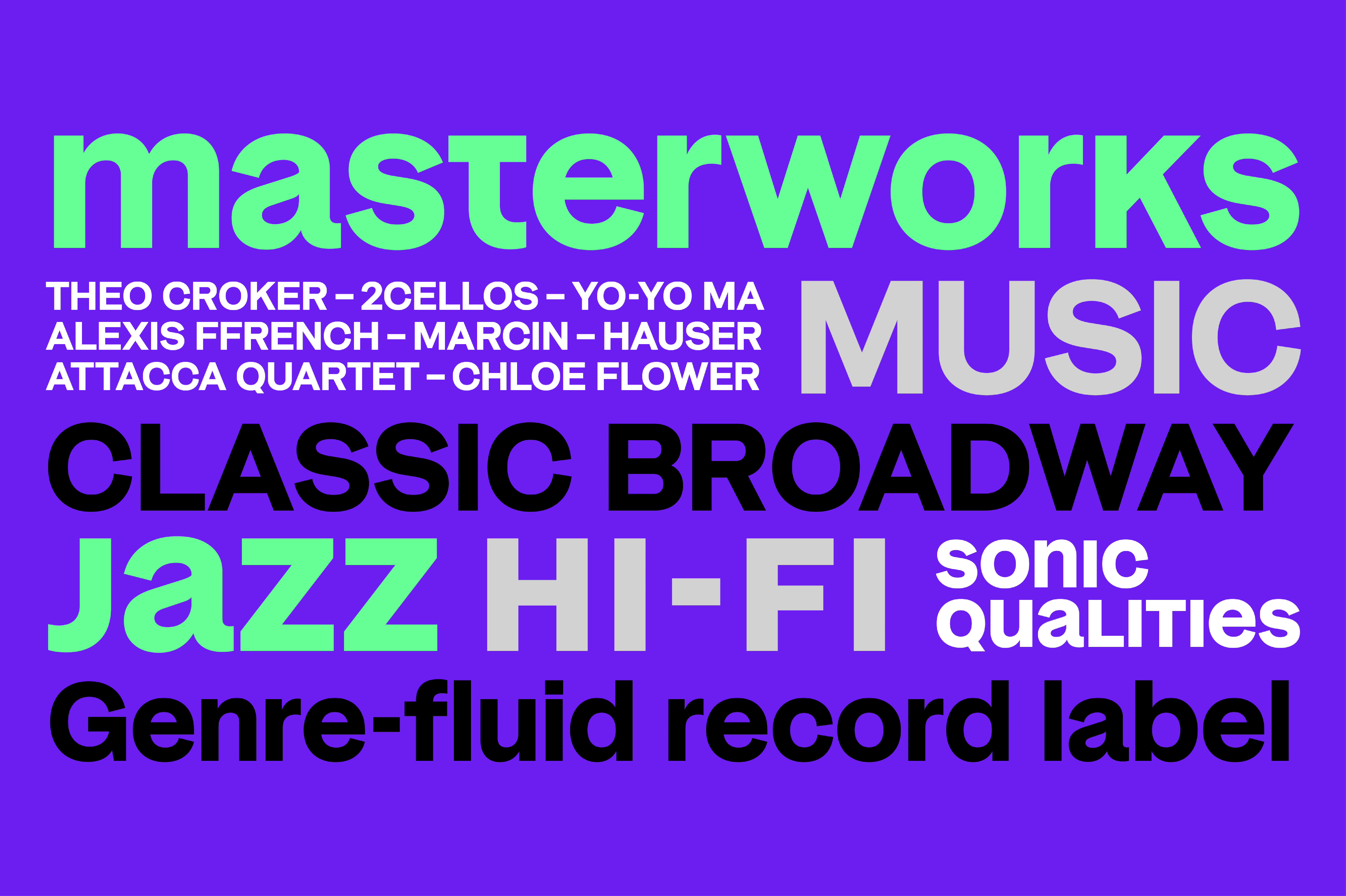 Text in vibrant colors on a purple background promoting "masterworks Music" and various music genres.