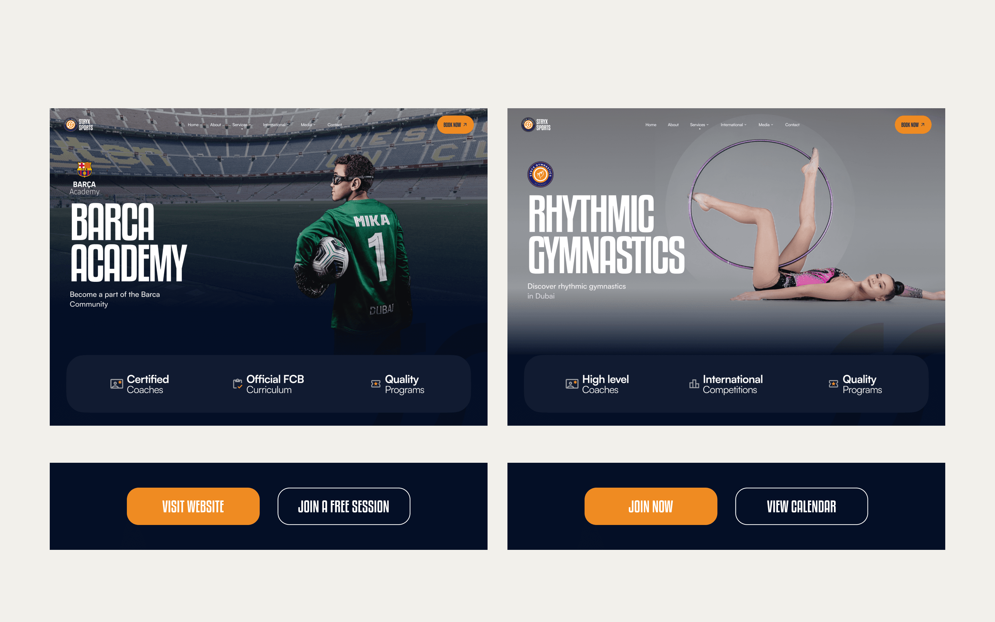 A shared academy-page template with two different content and booking treatments.