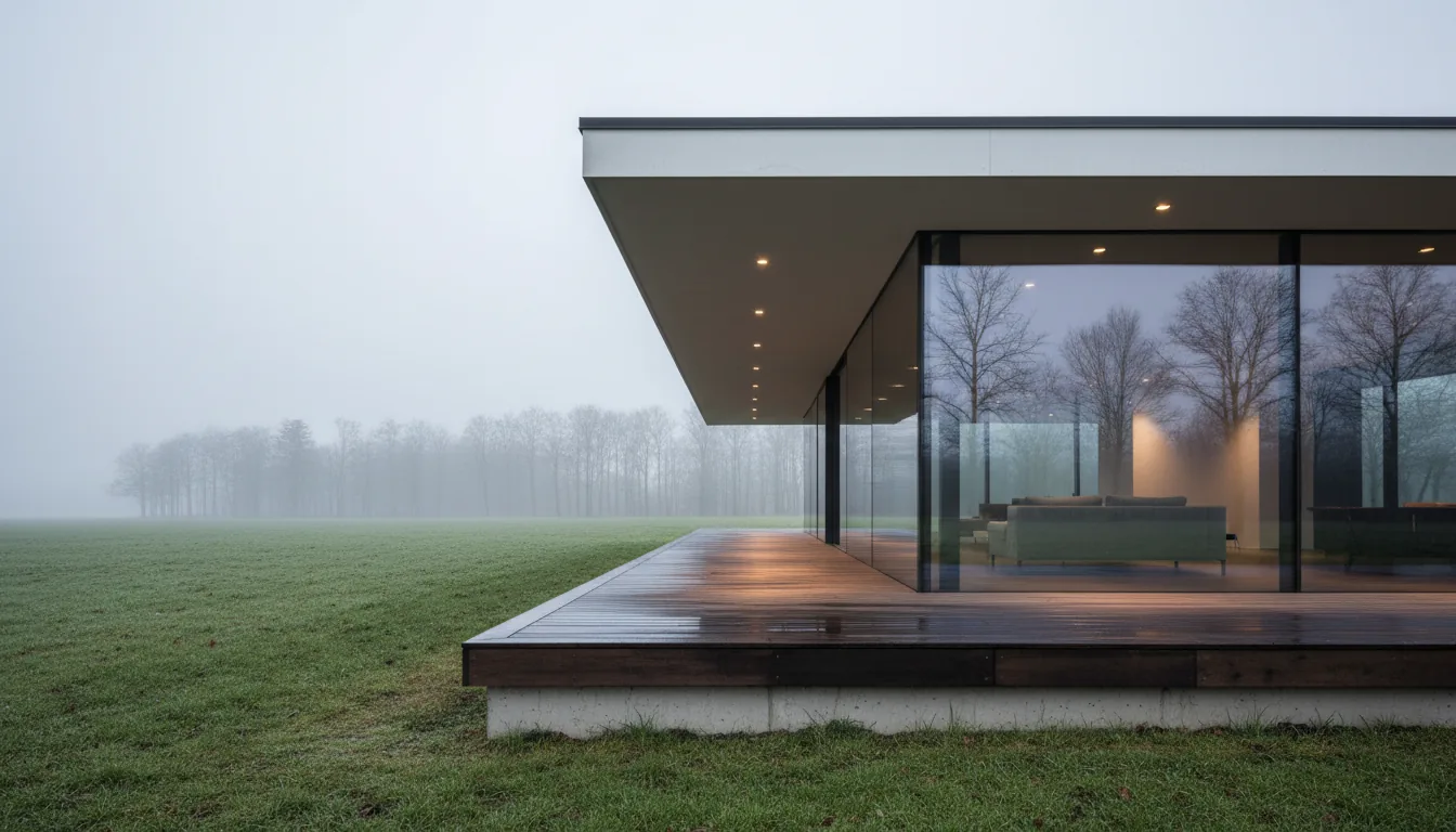 Photorealistic 3D render, Unreal Engine architectural visualization. A low-angle perspective shot of a modern minimalist building with a dark wooden deck and floor-to-ceiling glass windows. The scene is set on a moody, overcast day, with a damp grassy field and a line of bare, winter trees fading into the distant fog. Soft, diffuse global illumination from the grey sky is contrasted by small, warm recessed spotlights under the building's flat roof overhang. The glass windows show clear reflections of the somber landscape.