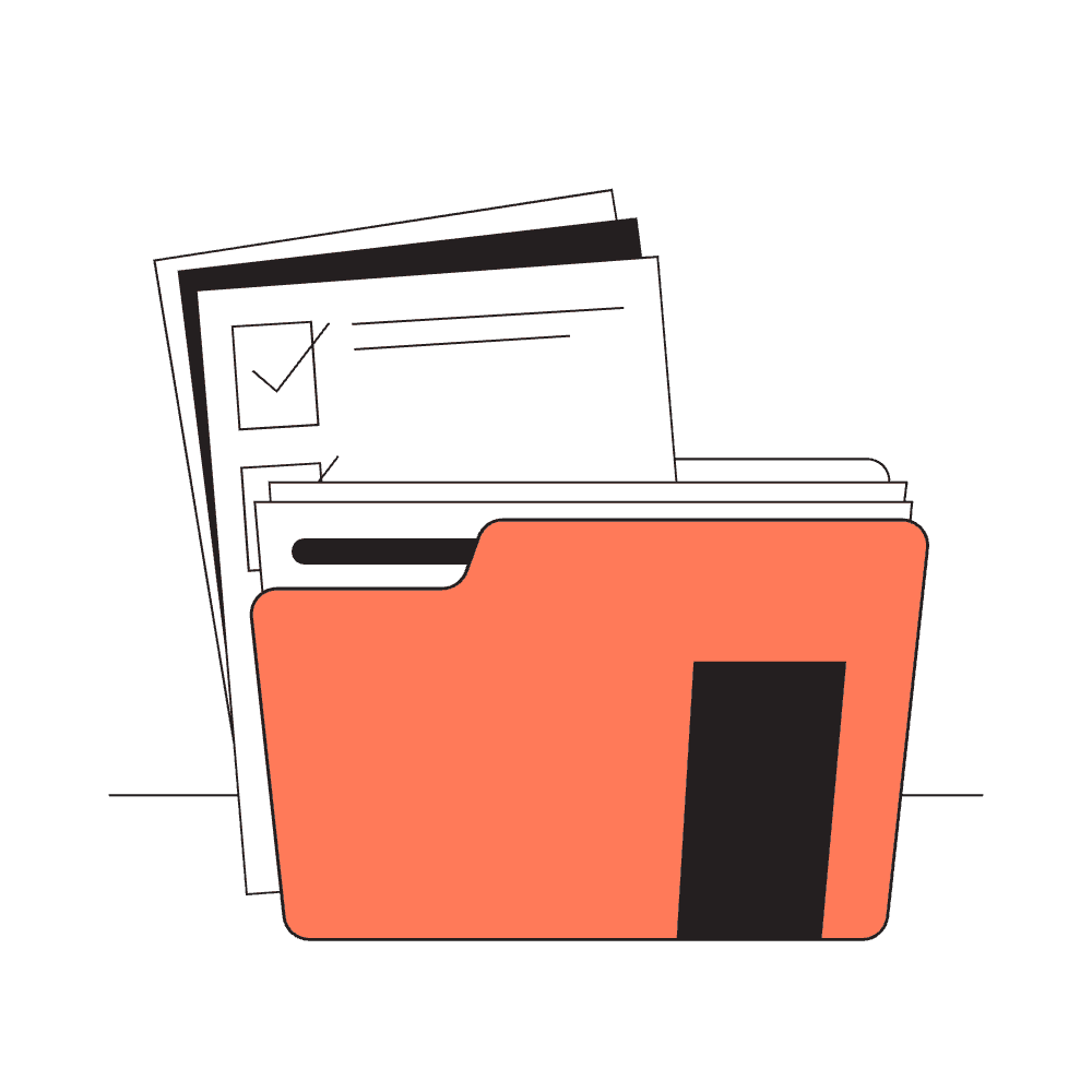Illustration représentant un dossier rempli de documents et de checklists, évoquant l’organisation des informations, la structuration commerciale et la gestion des leads.