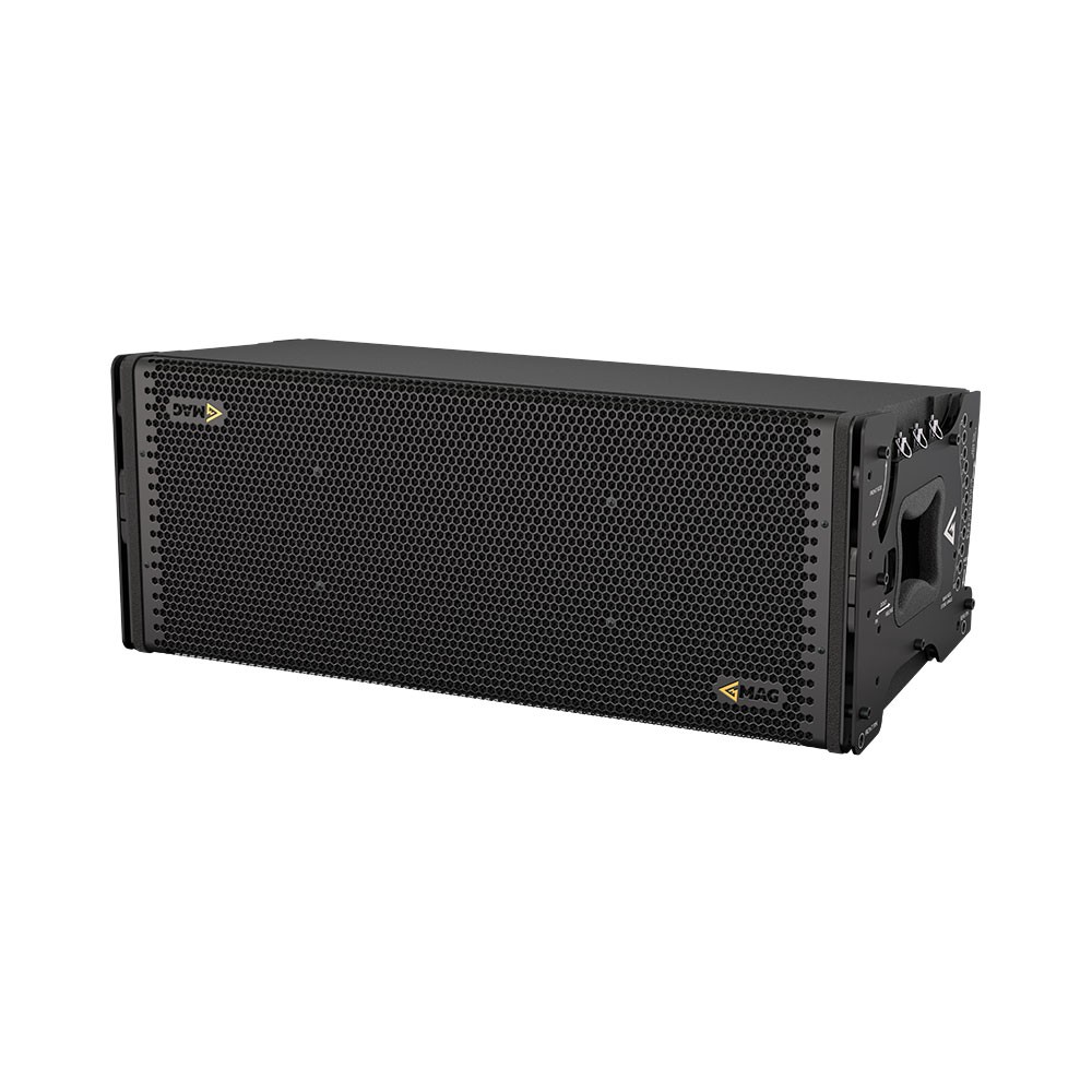 Black speaker on white backdrop.