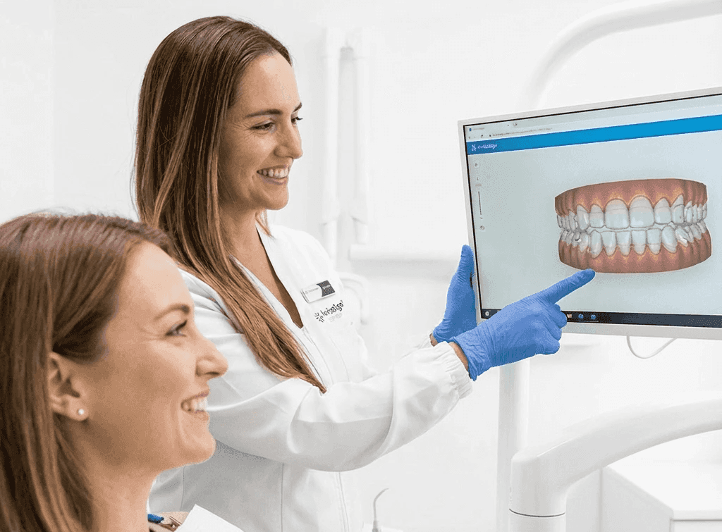 Dentist discussing examination findings with a patient during an assessment for swollen gums.