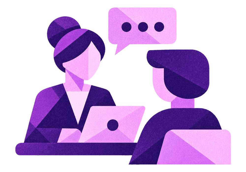Broker and client talking over a laptop icon, understand your situation