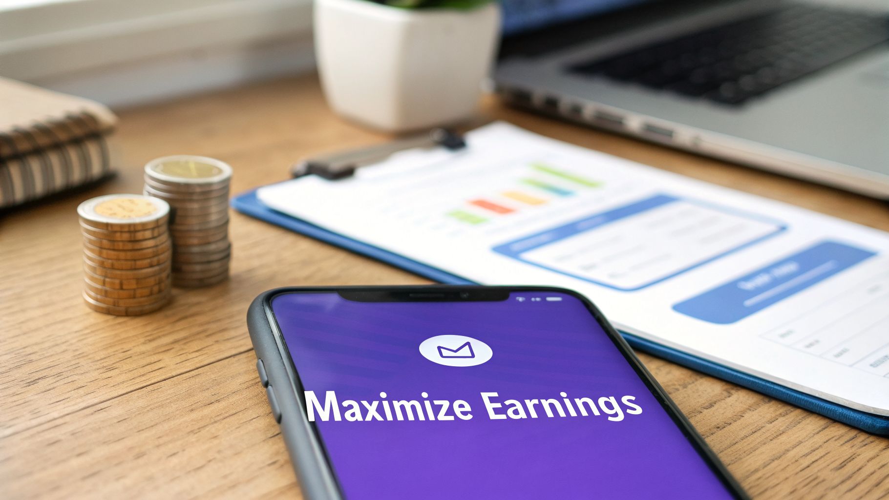 Smartphone showing 'Maximize Earnings' app with coins and financial charts on a desk.