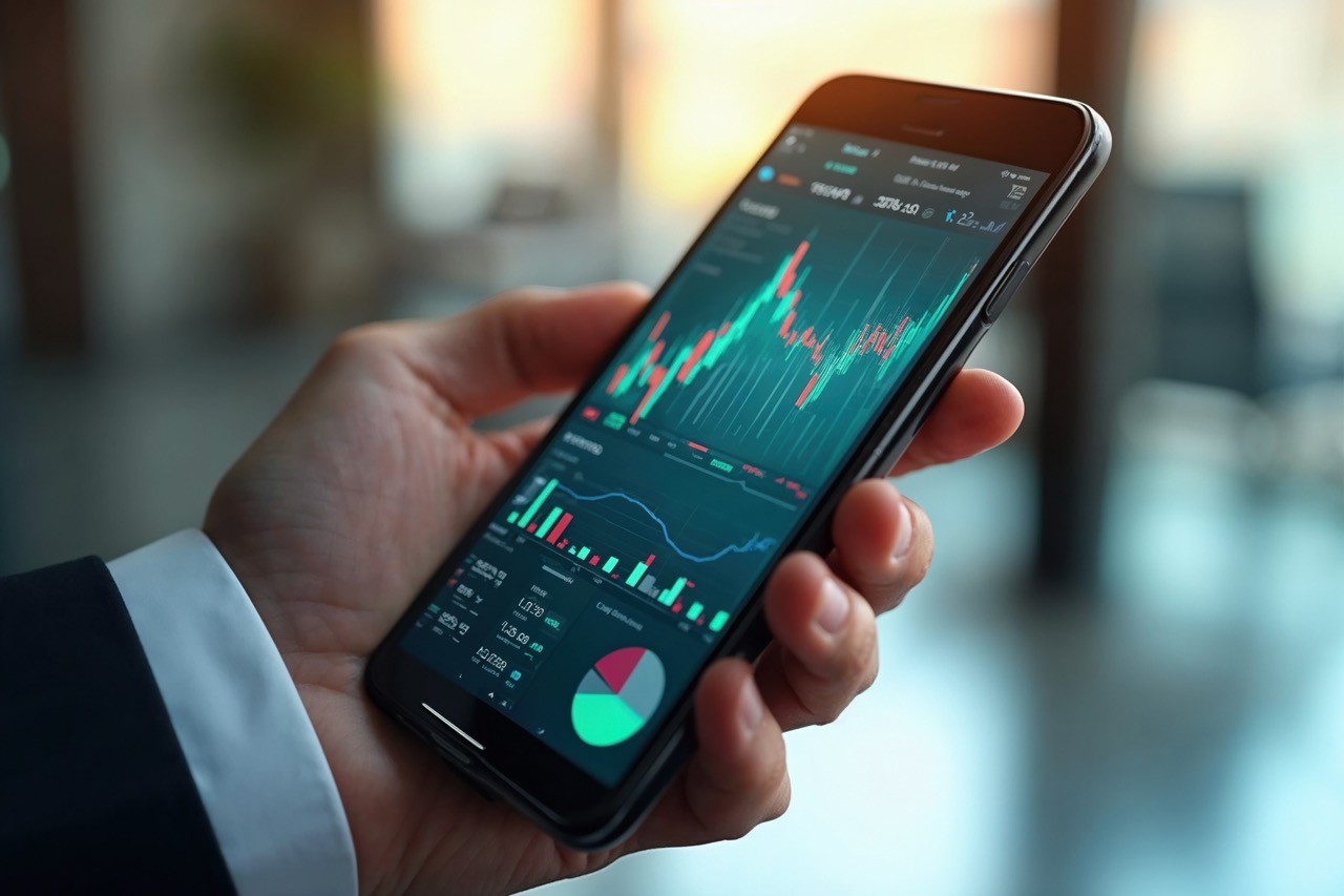 Executive hand holding smartphone with financial chart