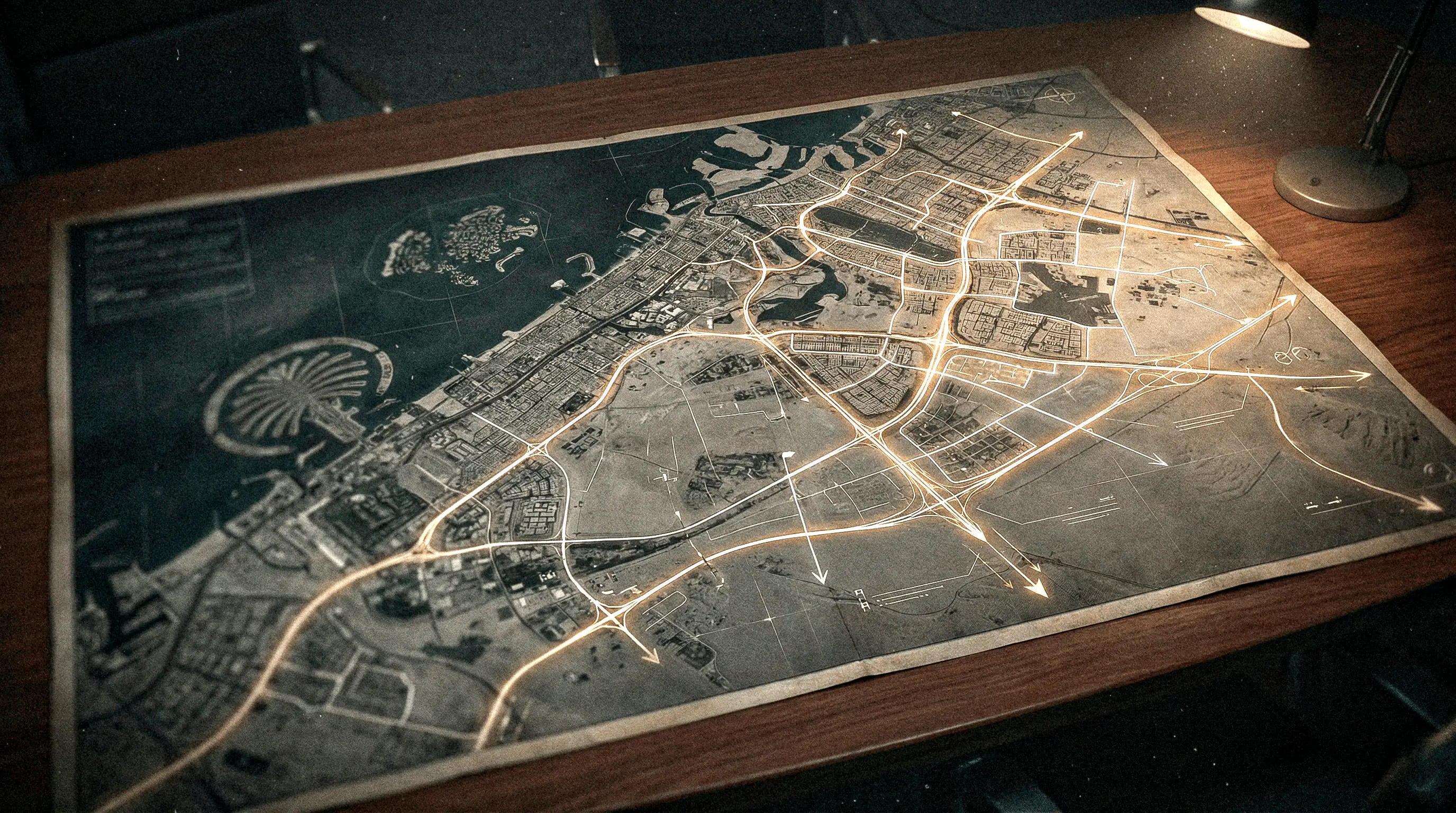 Mapa estratégico de Dubái con ejes de crecimiento y conexiones clave para inversión inmobiliaria.