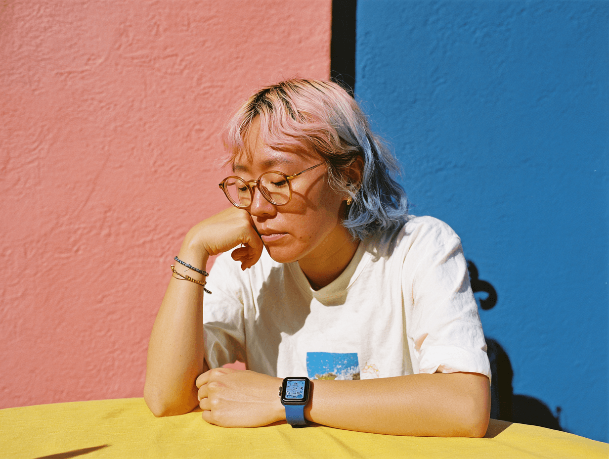 A person with glasses wearing a smartwatch and pausing against a coral and blue backdrop