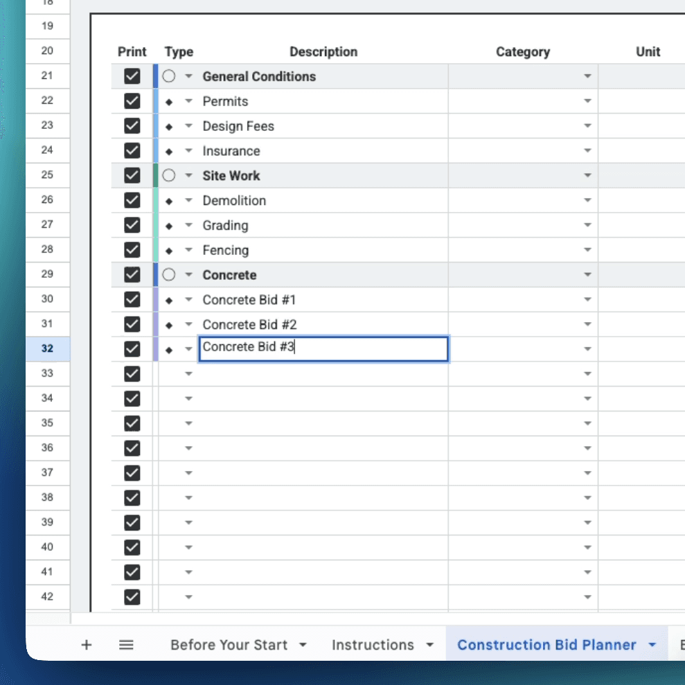 Mighty Template Construction Bid Template markup and profit calculator – 5% profit margin field, sales tax percentage, miscellaneous costs, and grand total bid price display in Google Sheets