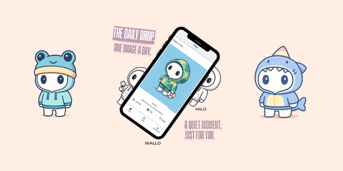 "Image showcasing Wallo, a digital platform offering daily moments of stillness. Featuring Milo, the symbol of emotional connection and calm, promoting a quiet revolution in social technology."