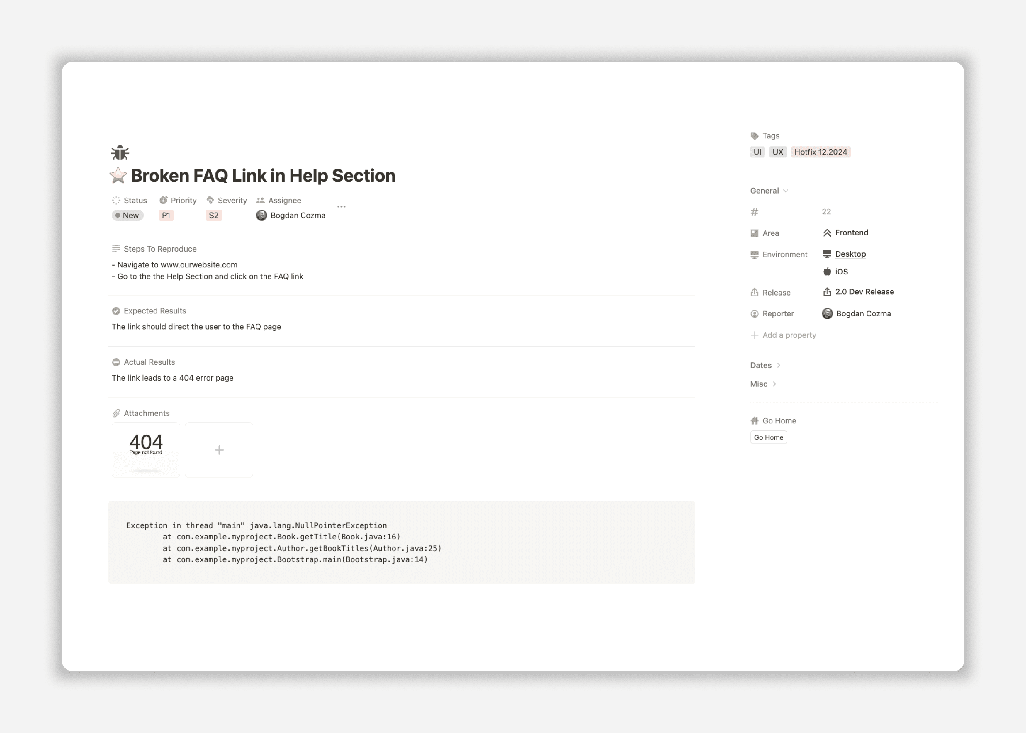 Notion Bug Tracker Template - Bug Submission Page