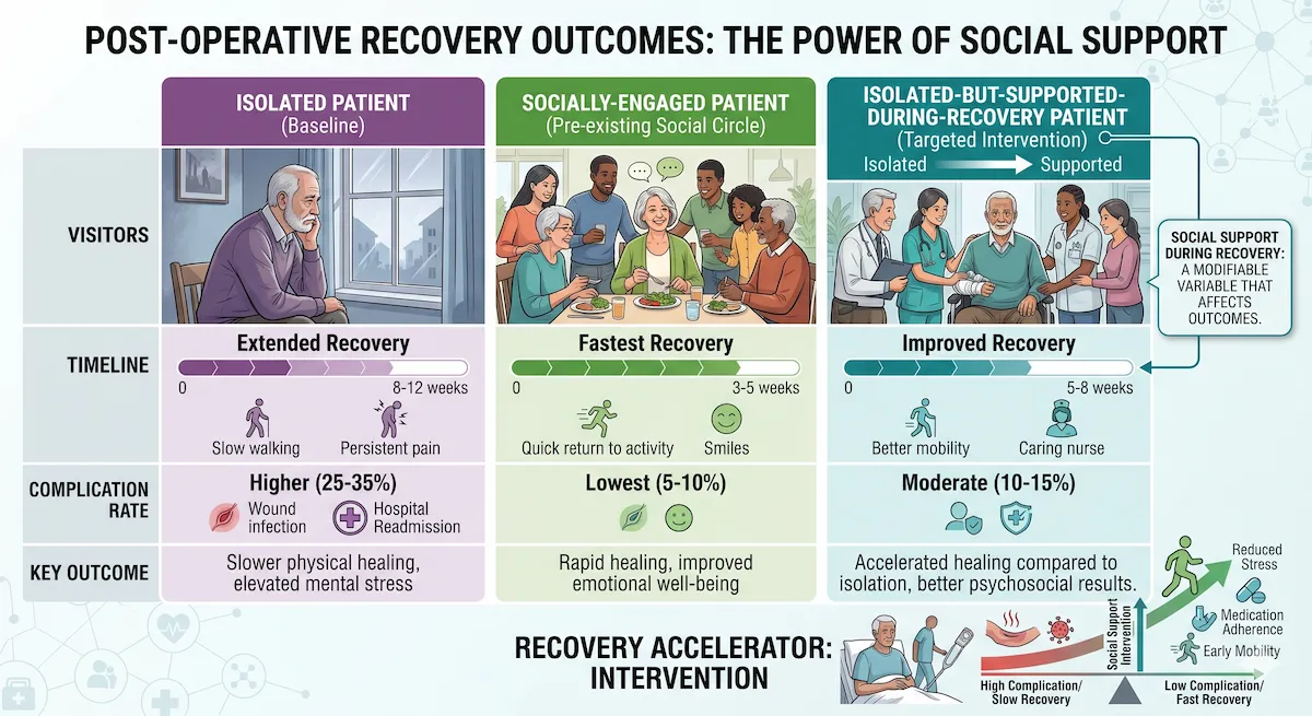Post-Operative Recovery Outcomes. A comparison chart showing recovery timelines and complication rates: Isolated patient vs. Socially-engaged patient vs. Isolated-but-supported-during-recovery patient. Visual should show how social support during recovery phase is a modifiable variable that significantly affects outcomes.