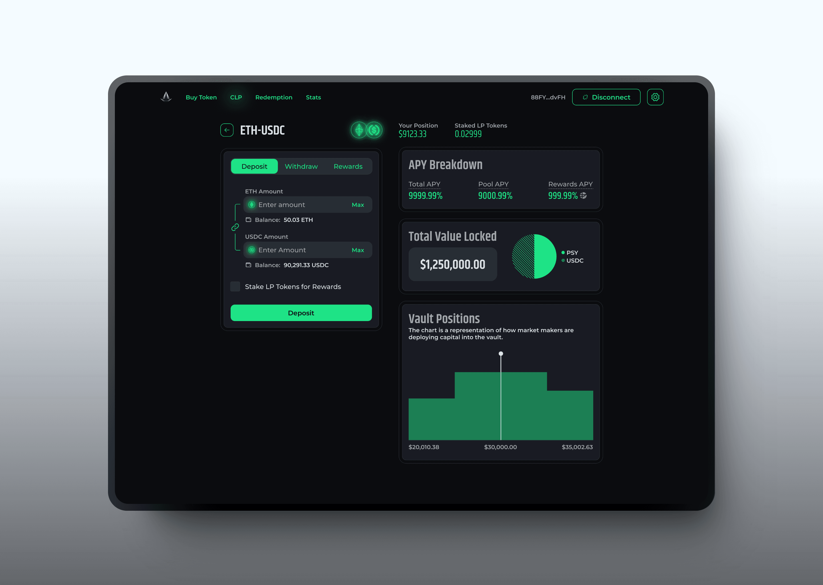 Concentrated liquidity pool deposit screen