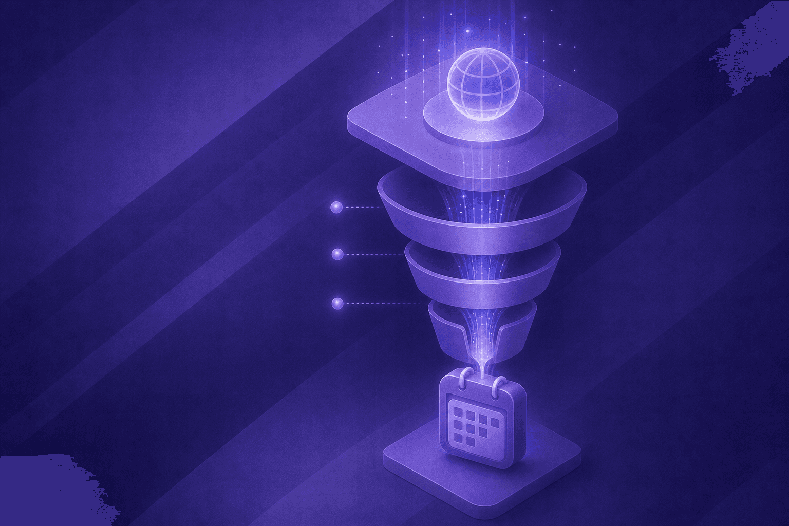 A futuristic B2B sales funnel visualization showing a glowing digital pipeline with real-time data flowing through stages — a website icon at the top, filtering down through qualification layers, ending at a calendar booking symbol. Abstract neon blue and purple tones on a dark background, clean geometric shapes, no text or labels, modern technology aesthetic.