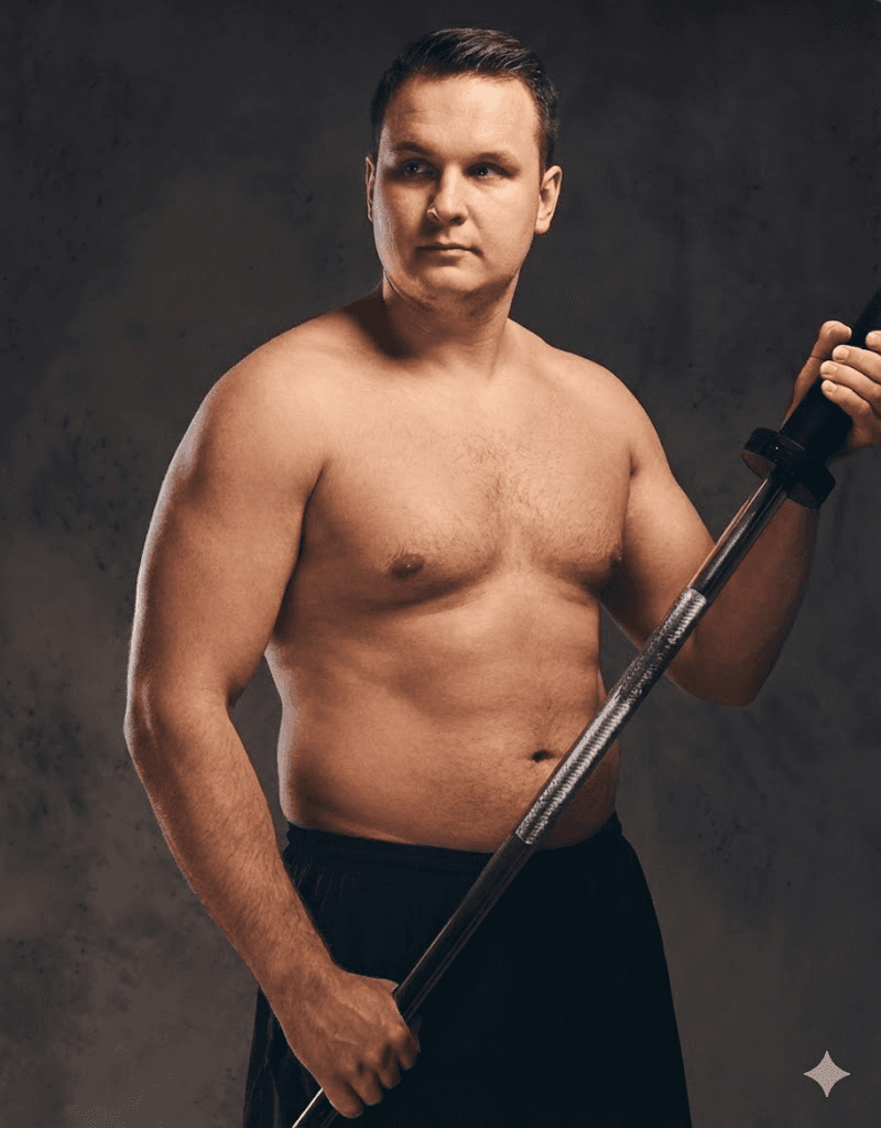 Shirtless muscular man with a round belly holding a barbell bar and smiling.