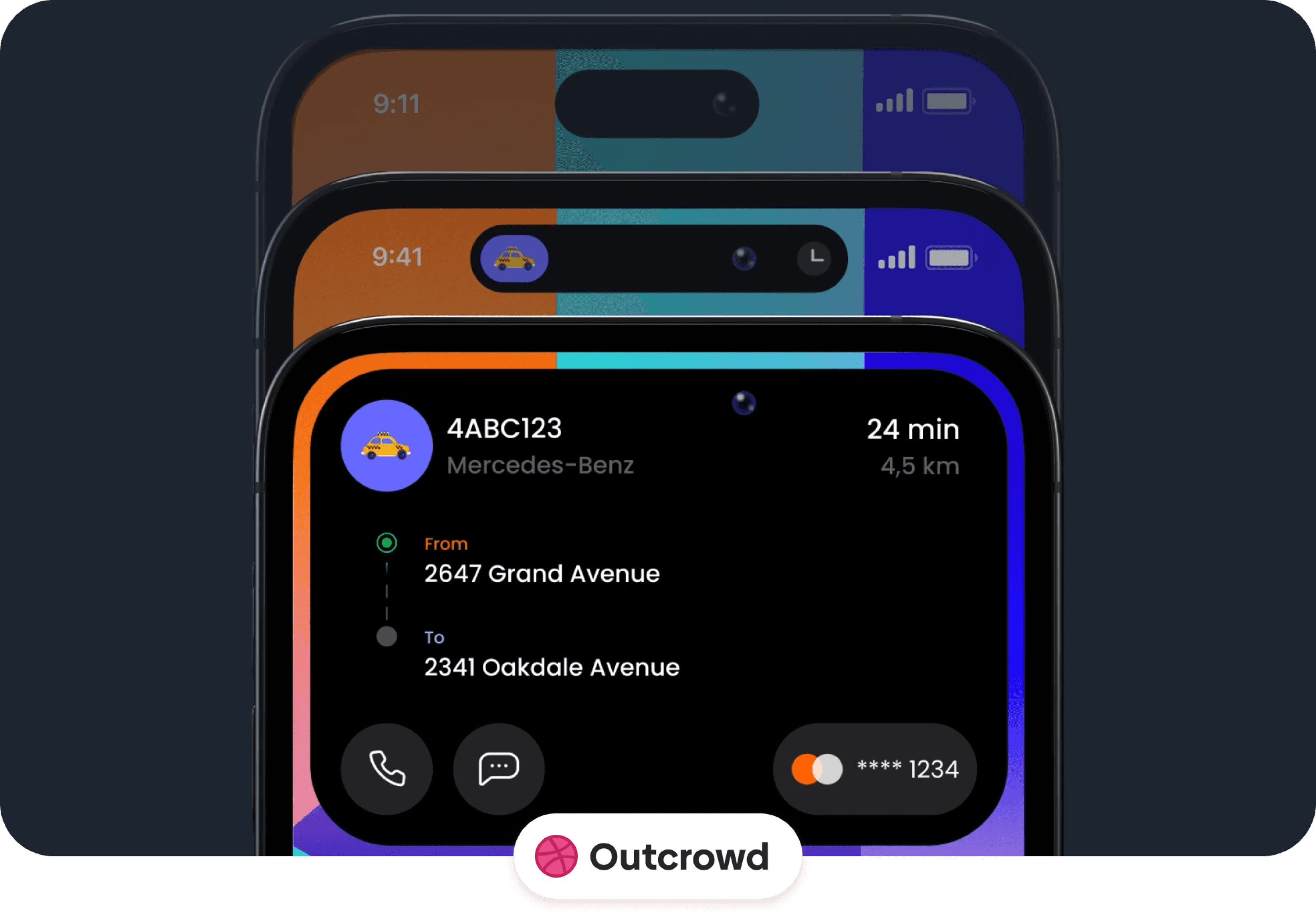 Mobile app UI mockup showing a modern taxi-tracking interface with pickup and drop-off details, estimated ride time, and contact options displayed on layered smartphone screens