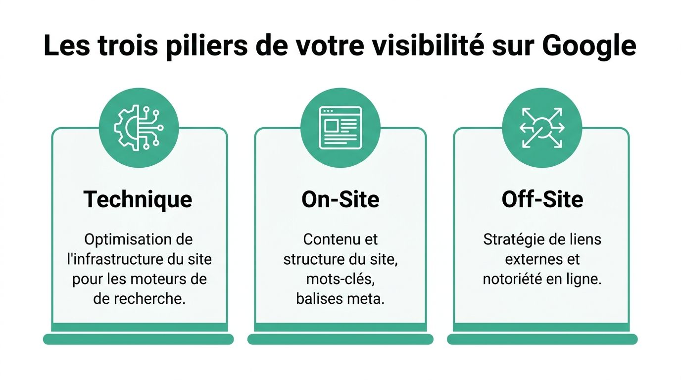 Infographie présentant les trois piliers essentiels pour améliorer votre visibilité et votre référencement sur Google.
