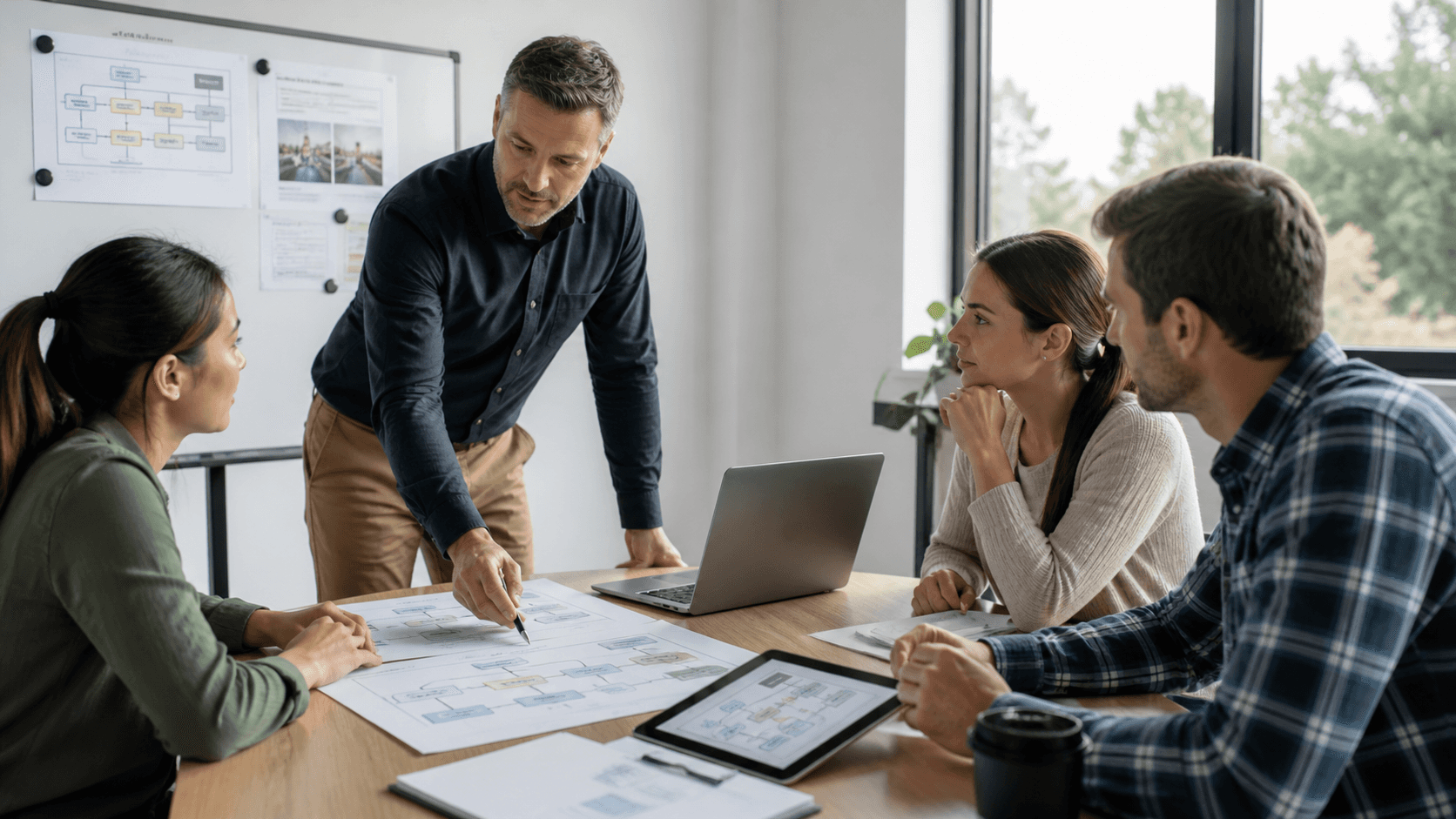 Owner and team members reviewing workflow diagrams and process documents together in a modern office.